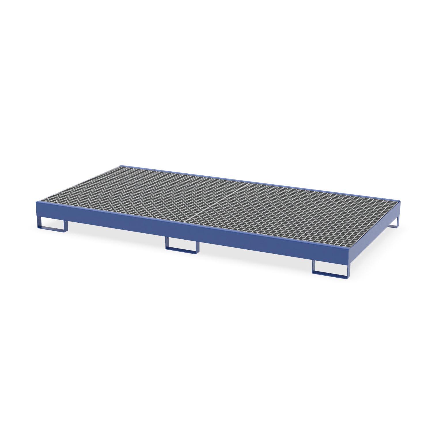 Auffangwanne aus Stahl für 8 x 200 l Fässer, mit Gitterrost, unterfahrbar, 2590x1300x220mm Auffangwannen aus Stahl Produktbild Auffangwanne aus Stahl für 8 x 200 l Fässer, mit Gitterrost und Füßen