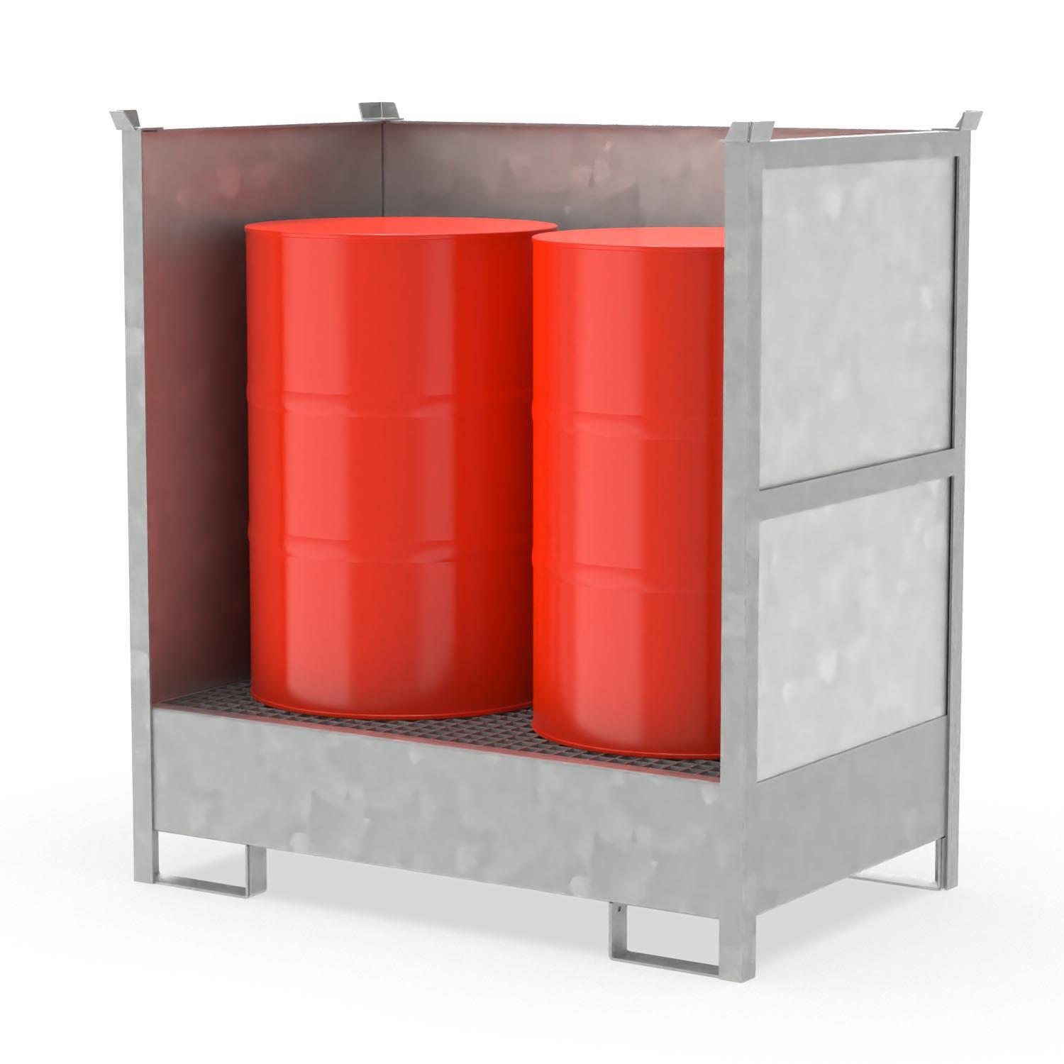 Fass-Stapelpalette für 2 x 200 l Fässer mit 3-seitig geschlossener Verkleidung Gefahrstoffdepots aus Stahl Produktbild Fass-Stapelpalette für 2 x 200 l Fässer mit 3-seitig geschlossener Verkleidung