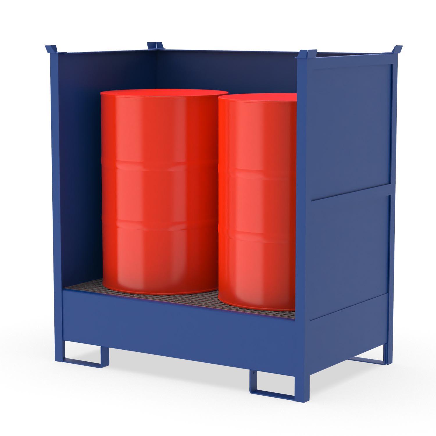 Fass-Stapelpalette für 2 x 200 l Fässer mit 3-seitig geschlossener Verkleidung Gefahrstoffdepots aus Stahl Produktbild Fass-Stapelpalette für 2 x 200 l Fässer mit 3-seitig geschlossener Verkleidung