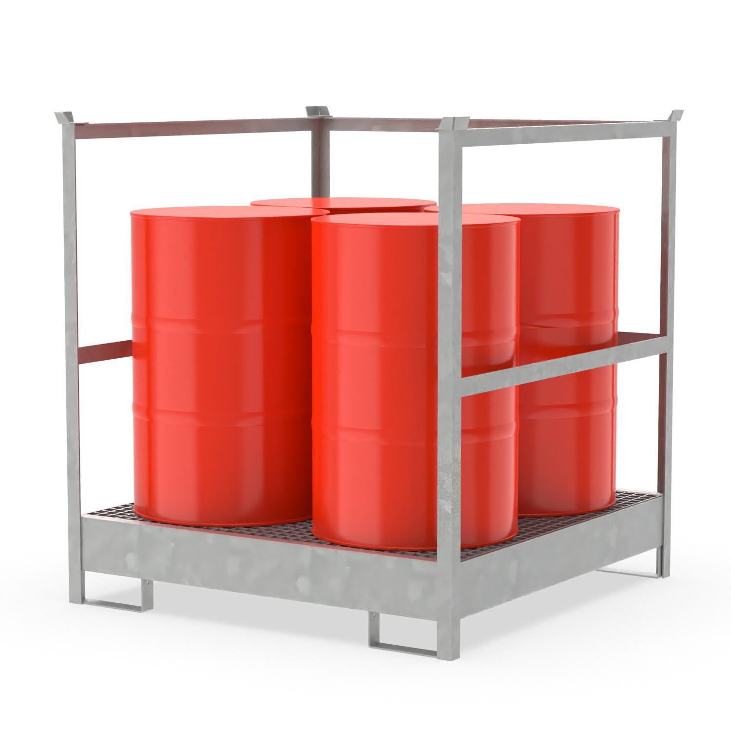 Fass-Stapelpalette für 4 x 200 l Fässer, mit 3-seitigem Transportschutz Gefahrstoffdepots aus Stahl Produktbild Fass-Stapelpalette für 4 x 200 l Fässer, mit 3-seitigem Transportschutz