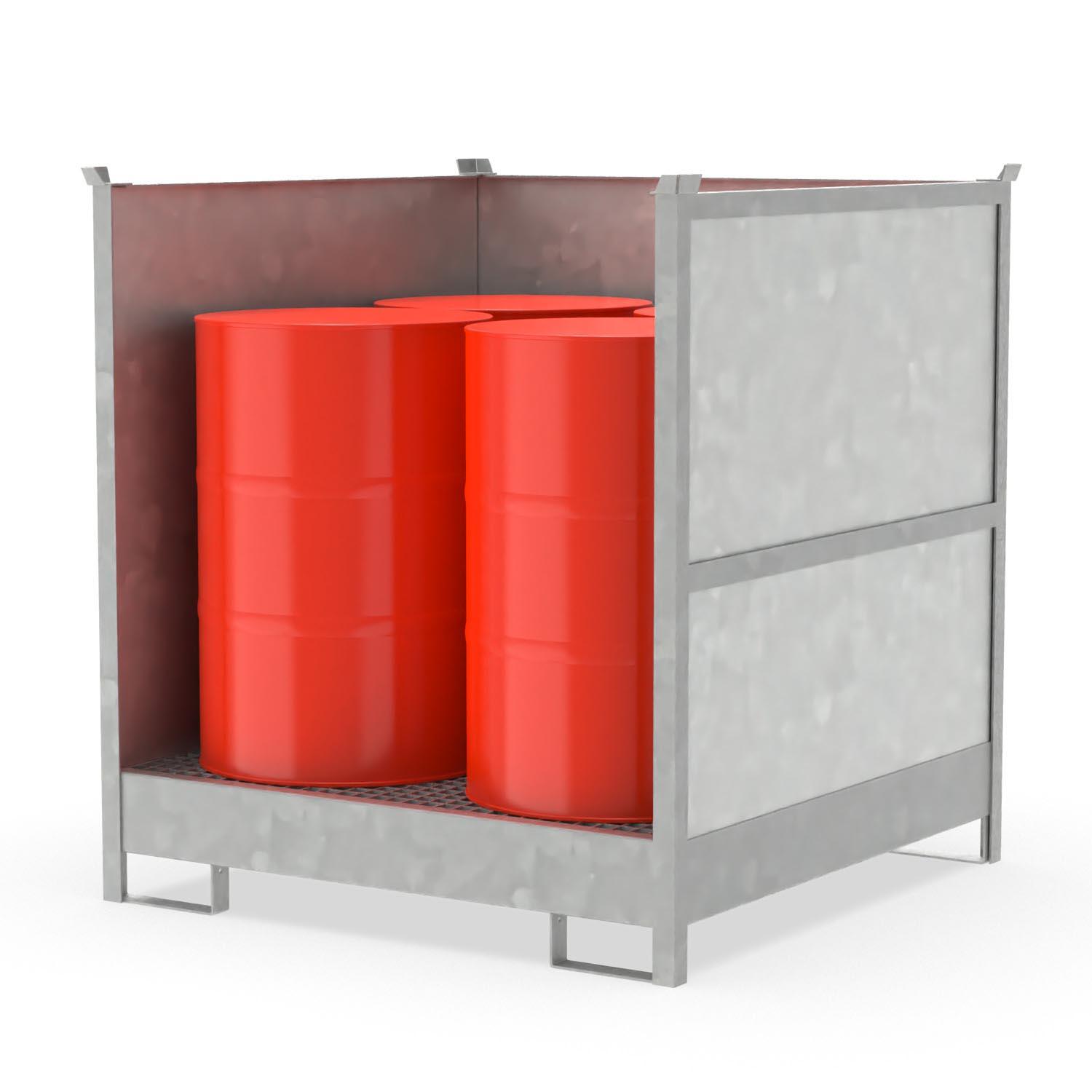 Fass-Stapelpalette für 4 x 200 l Fässer mit 3-seitig geschlossener Verkleidung Gefahrstoffdepots aus Stahl Produktbild Fass-Stapelpalette für 4 x 200 l Fässer mit 3-seitig geschlossener Verkleidung