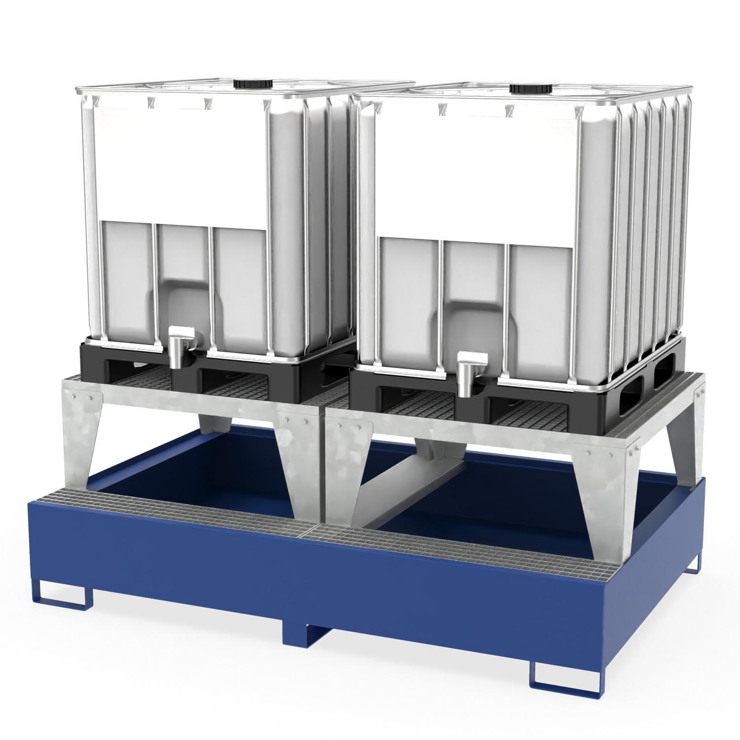 Abfüllstation Auffangwanne aus Stahl für 2 IBC, mit Abfüllpodest und Gitterrost, 2380x1500x875mm Abfüllstationen Produktbild Abfüllstation Auffangwanne aus Stahl für 2 IBCs, mit Abfüllpodest und Gitterrost