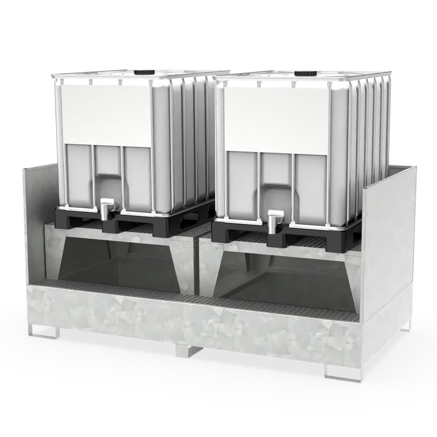 Abfüllstation Auffangwanne aus Stahl für 2 IBCs, mit Abfüllpodest, Gitterrost und Spritzschutz, 2680x1400x1310mm Abfüllstationen Produktbild Abfüllstation Auffangwanne aus Stahl für 2 IBCs, mit Abfüllpodest, Gitterrost und Spritzschutz