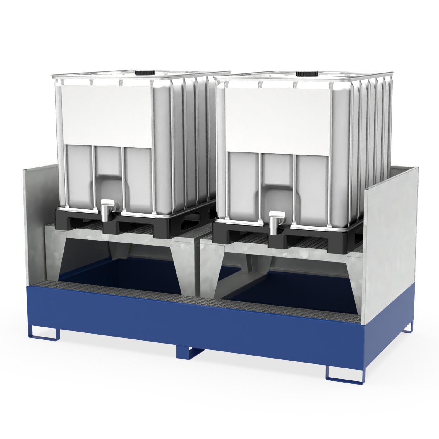Abfüllstation Auffangwanne aus Stahl für 2 IBCs, mit Abfüllpodest, Gitterrost und Spritzschutz, 2680x1400x1310mm Abfüllstationen Produktbild Abfüllstation Auffangwanne aus Stahl für 2 IBCs, mit Abfüllpodest, Gitterrost und Spritzschutz