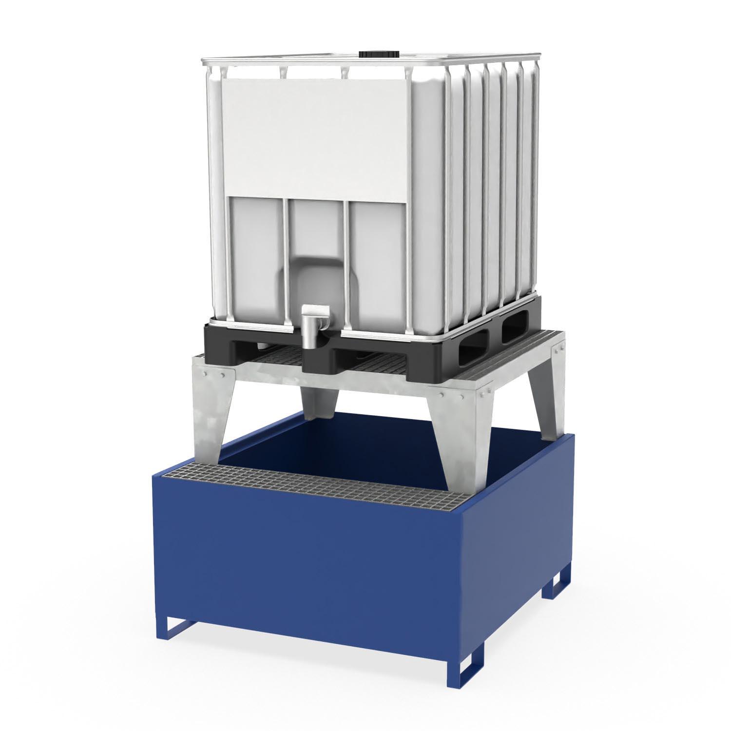 Abfüllstation Auffangwanne aus Stahl für 1 IBC, mit Abfüllpodest und Gitterrost, Auffangvolumen 1000 l, 1300x1370x1130mm Abfüllstationen Produktbild Auffangwanne aus Stahl für 1 IBC, Abfüllpodest und Gitterrost