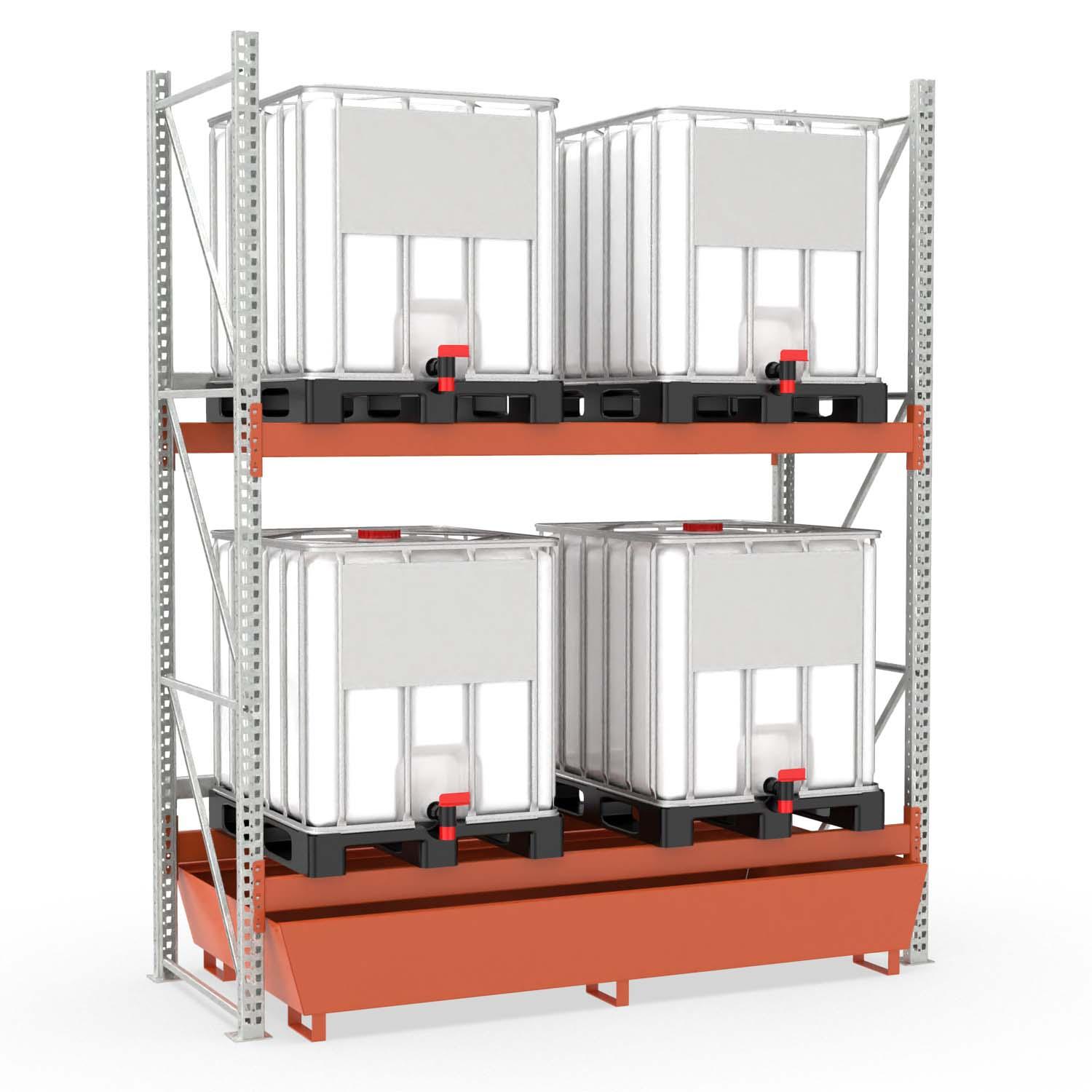 Palettenregal mit Auffangwanne aus Stahl für 4 IBC, Grundeinheit Palettenregale mit Auffangwanne Produktbild Palettenregal mit Auffangwanne aus Stahl für 4 IBC, Grundeinheit