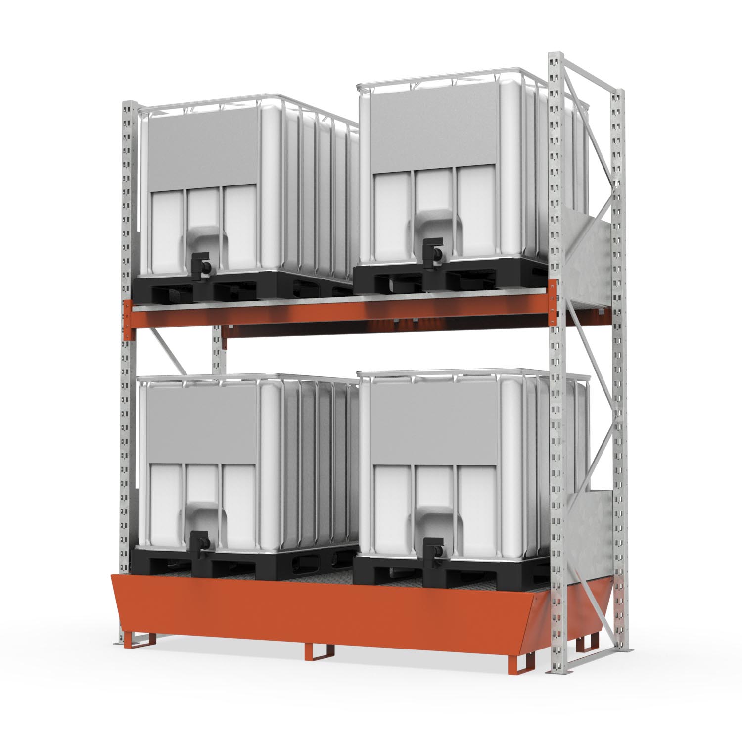 Palettenregal mit Auffangwanne aus Stahl, Grundeinheit für 4 IBC Palettenregale mit Auffangwanne Produktbild Palettenregal mit Auffangwanne aus Stahl, Grundeinheit für 4 IBC