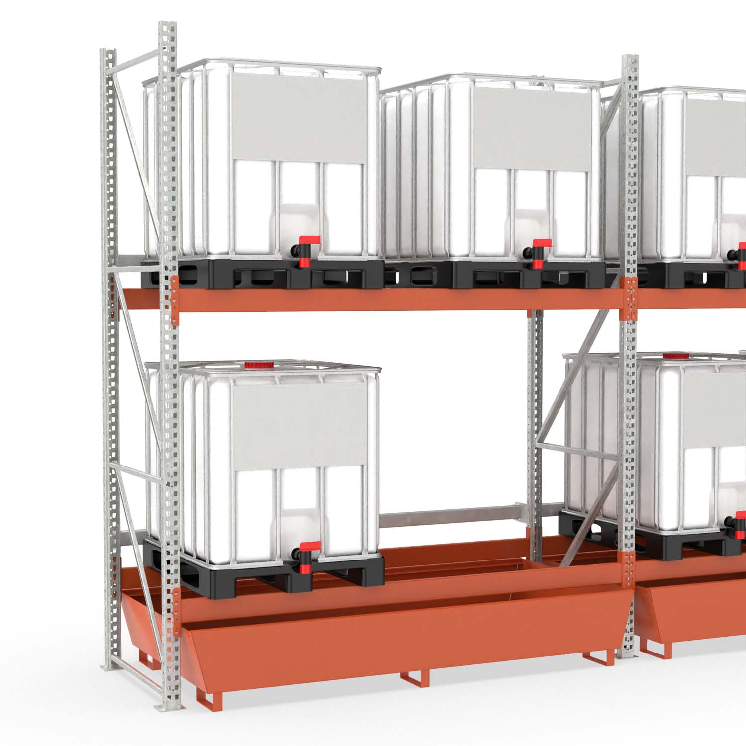 Palettenregal mit Auffangwanne aus Stahl für 4 IBC, Anbaueinheit Palettenregale mit Auffangwanne Produktbild Palettenregal mit Auffangwanne aus Stahl für 4 IBC, Anbaueinheit
