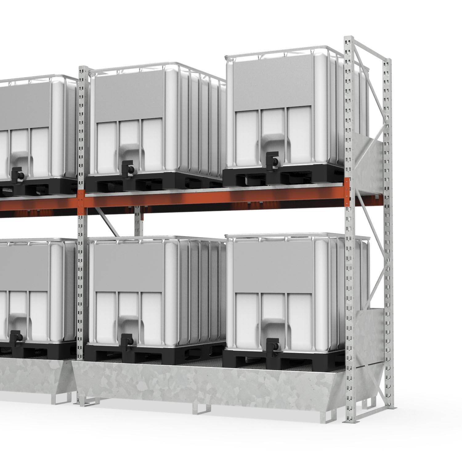 Palettenregal mit Auffangwanne aus Stahl, Anbaueinheit für 4 IBC Palettenregale mit Auffangwanne Produktbild Palettenregal mit Auffangwanne aus Stahl, Anbaueinheit für 4 IBC