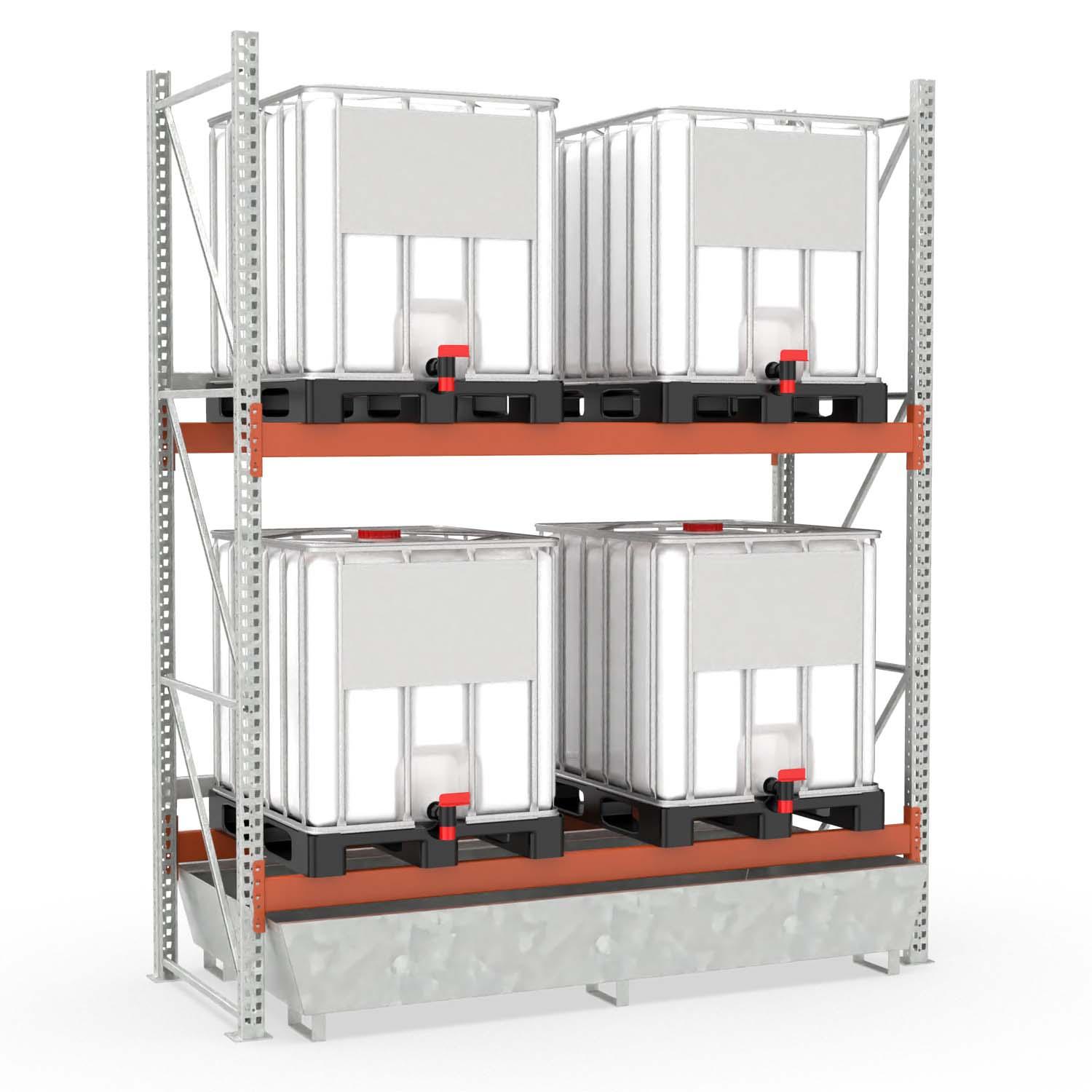 Palettenregal mit Auffangwanne aus Stahl für 4 IBC, Grundeinheit Palettenregale mit Auffangwanne Produktbild Palettenregal mit Auffangwanne aus Stahl für 4 IBC, Grundeinheit