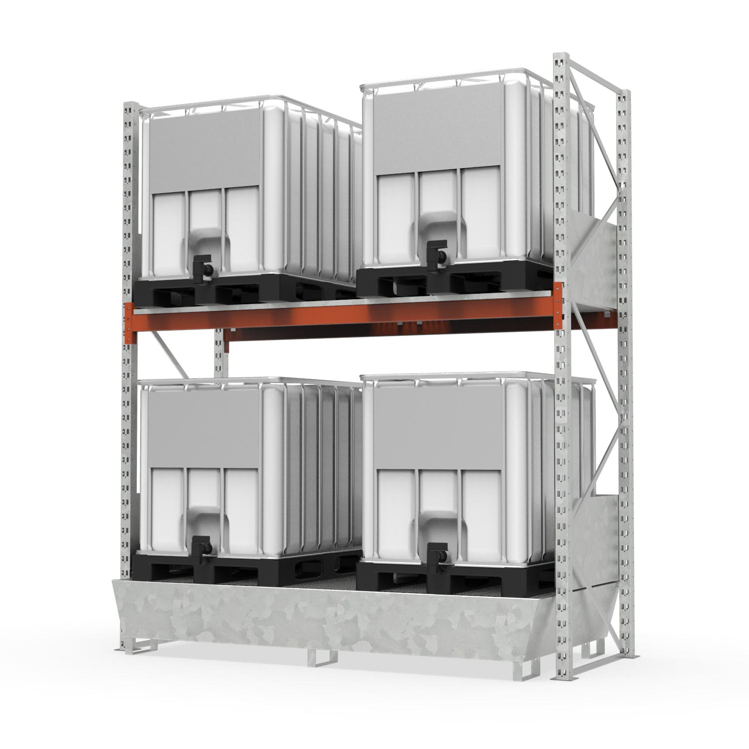 Palettenregal mit Auffangwanne aus Stahl, Grundeinheit für 4 IBC Palettenregale mit Auffangwanne Produktbild Palettenregal mit Auffangwanne aus Stahl, Grundeinheit für 4 IBC