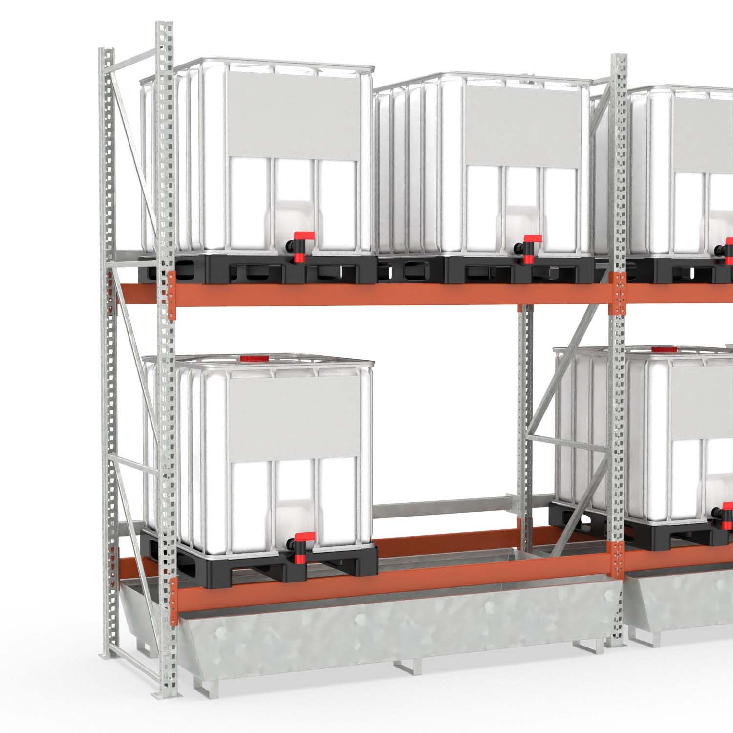 Palettenregal mit Auffangwanne aus Stahl für 4 IBC, Anbaueinheit Palettenregale mit Auffangwanne Produktbild Palettenregal mit Auffangwanne aus Stahl für 4 IBC, Anbaueinheit