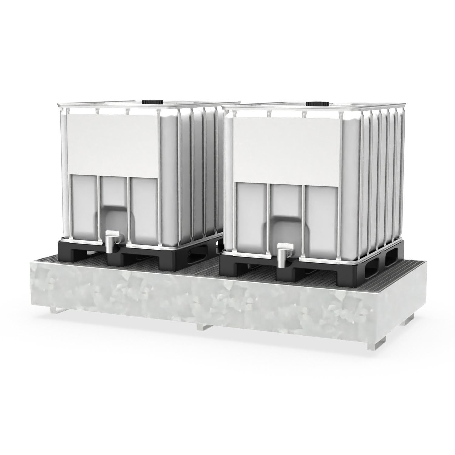 Auffangwanne aus Stahl für 2 IBCs, mit Gitterrost, Auffangvolumen 1000 l, 2680x1300x430mm Auffangwannen aus Stahl Produktbild Auffangwanne aus Stahl für 2 IBCs