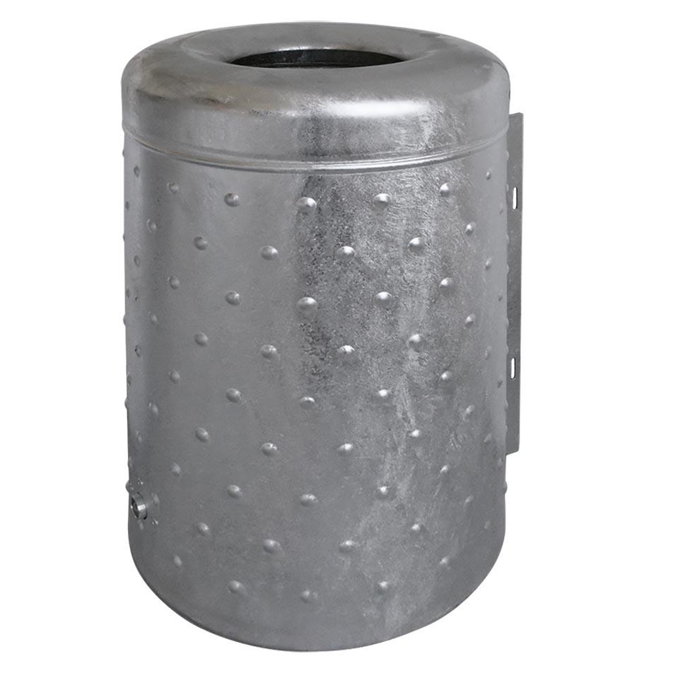 Rund-Abfallbehälter aus Stahl, Volumen 50 l, zur Wand- oder Pfostenbefestigung, Noppenblech-Design Abfallbehälter Produktbild Rund-Abfallbehälter aus Stahl, Volumen 50 l, zur Wand- oder Pfostenbefestigung, Noppenblech-Design