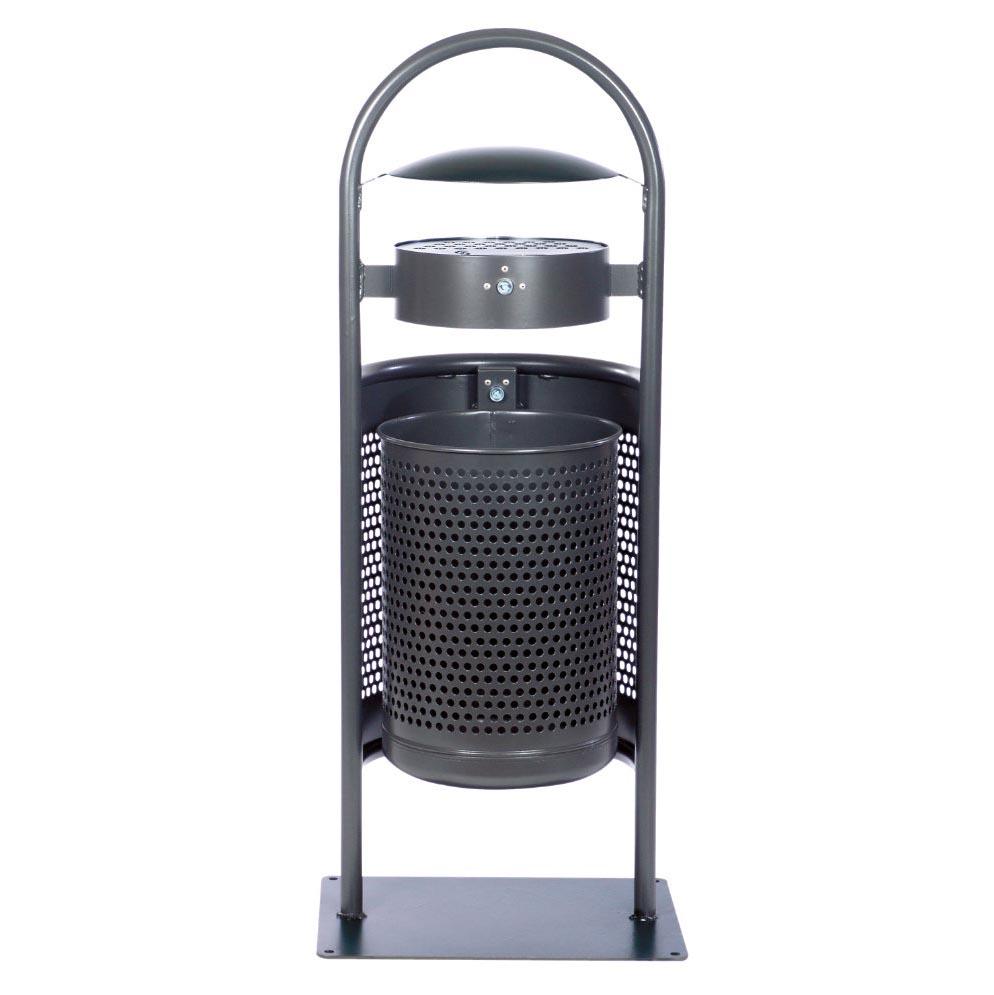 Stand-Abfallbehälter aus Stahl, Volumen 50 l, mit Rundrohrbügel, Haube und Ascher, zum Aufdübeln Abfallbehälter Produktbild Stand-Abfallbehälter aus Stahl, Volumen 50 l, mit Rundrohrbügel, Haube und Ascher, zum Einbetonieren