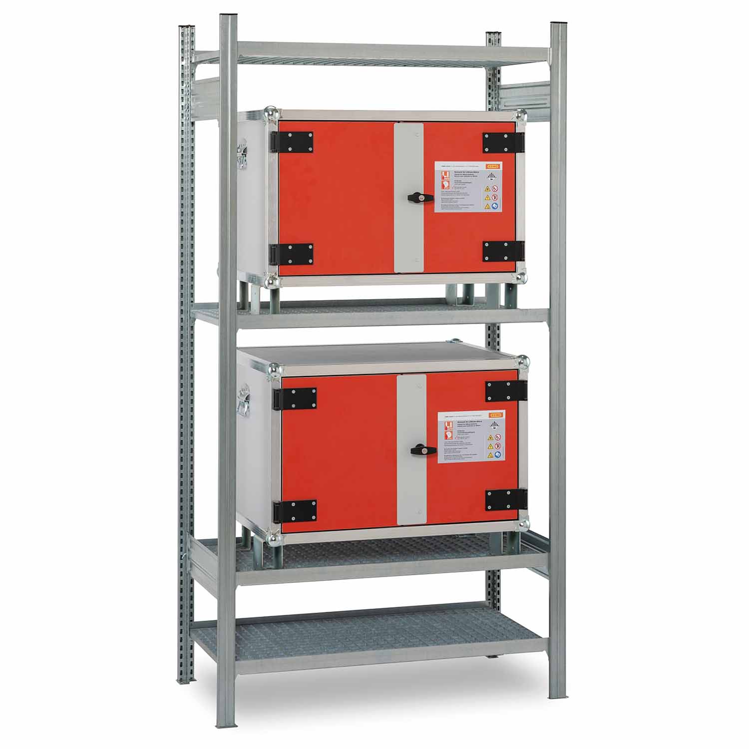 Regal, für bis zu 2 Lithium-Akku-Schränke, inklusive Wandbefestigung (nur in Verbindung mit Stapelfüßen) Lithium-Ionen-Akku-Schränke zum Laden Produktbild Regal, für bis zu 2 Schränke, inklusive Wandbefestigung (nur in Verbindung mit Stapelfüßen)