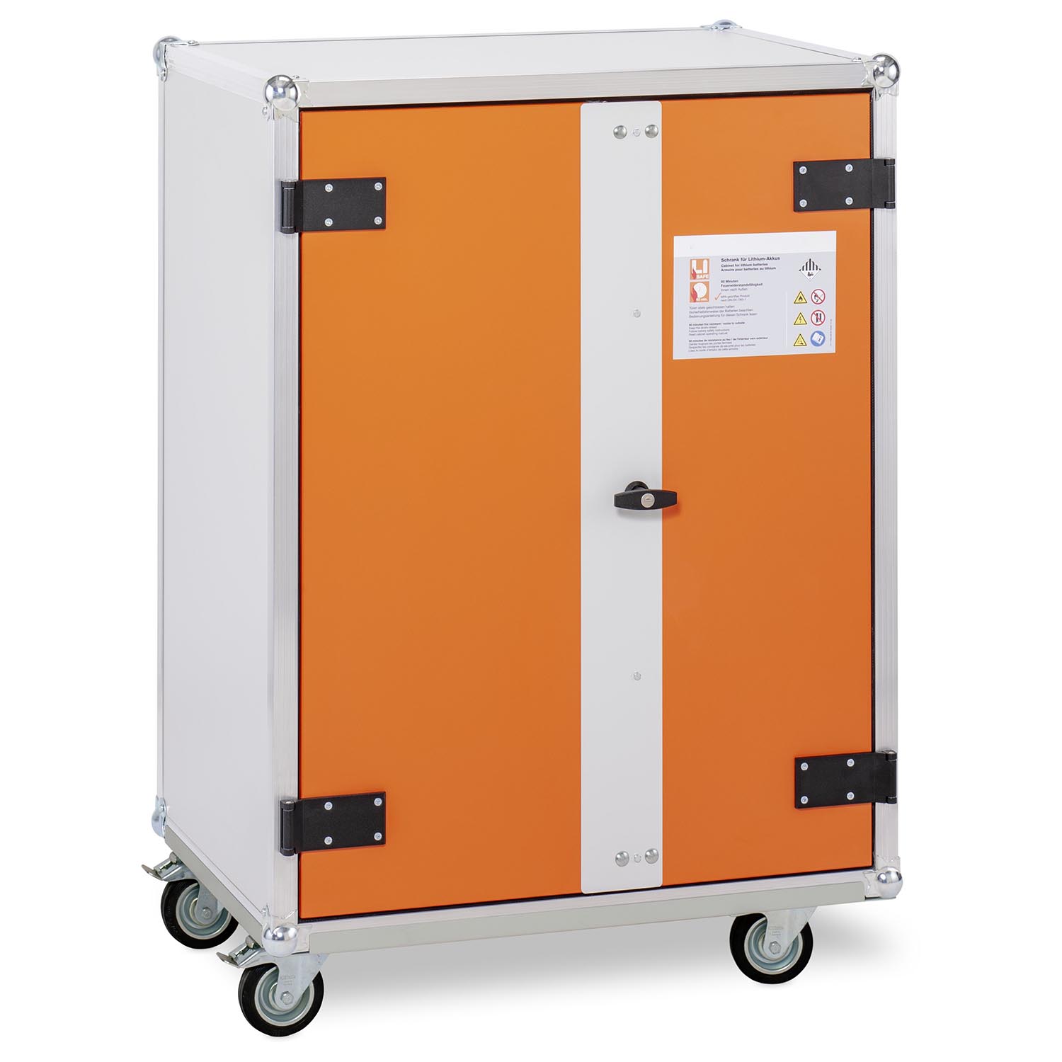 Lithium-Ionen-Akku-Ladeschrank basic, Stromversorgung, Lüftung, mit Rollen, B 890 mm H 1150 mm, Explosionsschutz Lithium-Ionen-Akku-Schränke zum Laden Produktbild Lithium-Akku-Schrank zum Lagern, Breite 810 mm, Höhe 1110 mm, 2 Rauchmelder, mit Rollen, Explosionsschutz