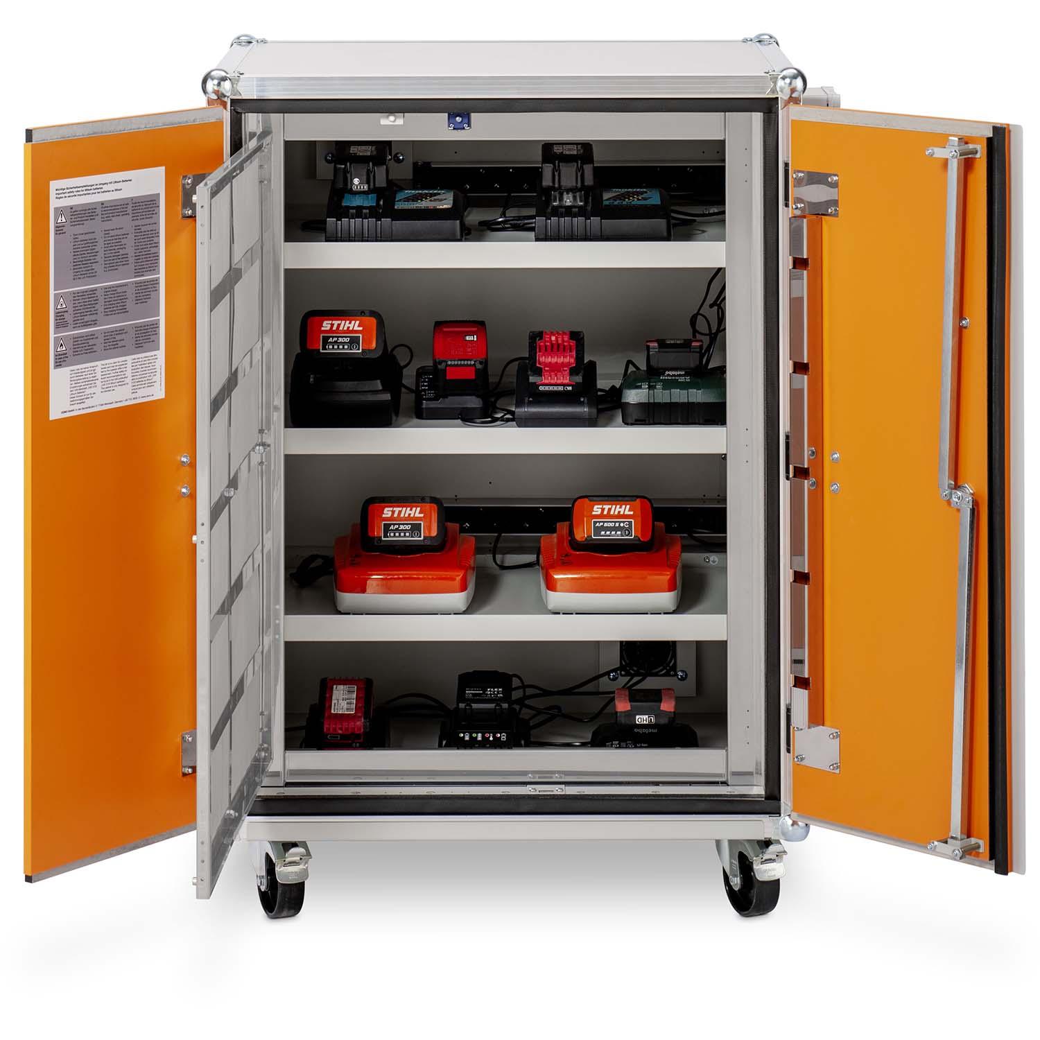 Lithium-Ionen-Akku-Ladeschrank premium 8/10, Rauchmelder, mit Rollen, lockEX 2.0, VDMA-geprüft, BMA-fähig Lithium-Ionen-Akku-Schränke zum Laden Produktbild Lithium-Ionen-Akku-Ladeschrank premium 8/10, Rauchmelder, mit Rollen, lockEX 2.0, VDMA-geprüft, BMA-fähig