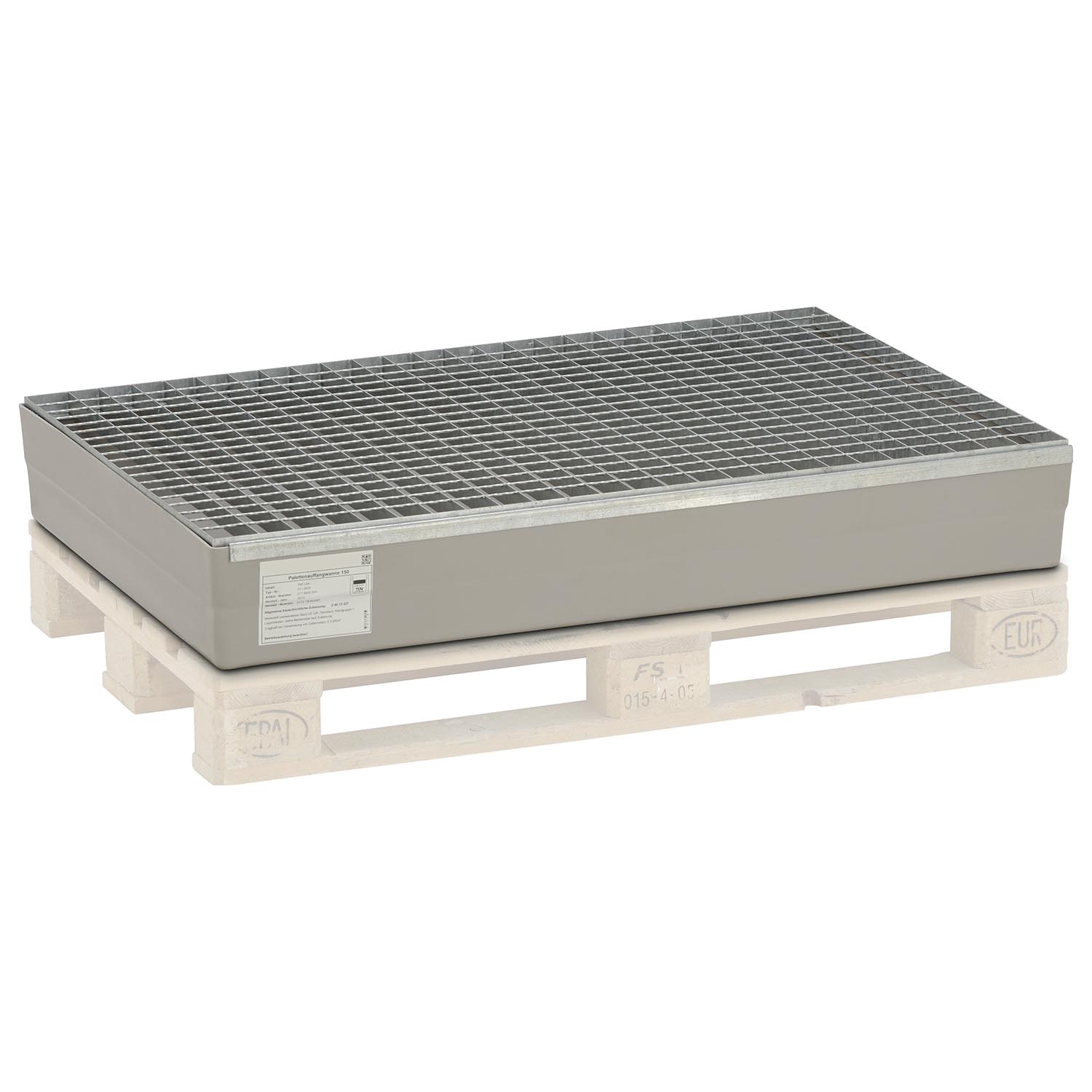 Paletten-Auffangwanne aus GFK, Volumen 150 l, mit Gitterrost, Arretierungsnocken, mit Zulassung Auffangwannen aus GFK Produktbild Paletten-Auffangwanne aus GFK, Volumen 150 l, mit Gitterrost, ohne Füße, mit Zulassung