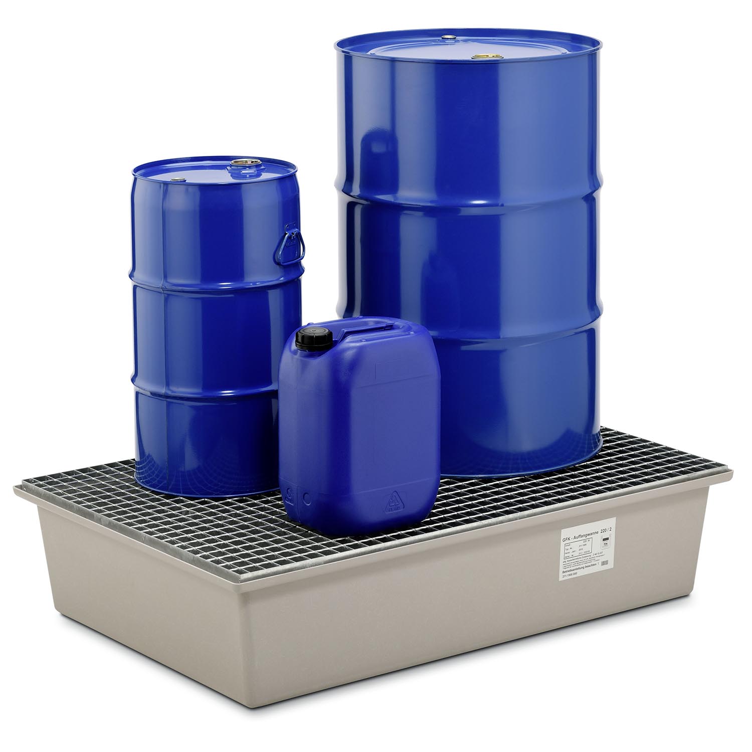 Auffangwanne aus GFK für 2 x 200 l Fässer, Volumen 220 l, mit Gitterrost, ohne Füße, mit Zulassung Auffangwannen aus GFK Produktbild Auffangwanne aus GFK für 2 x 200 l Fässer, Volumen 220 l, mit Gitterrost, ohne Füße, mit Zulassung
