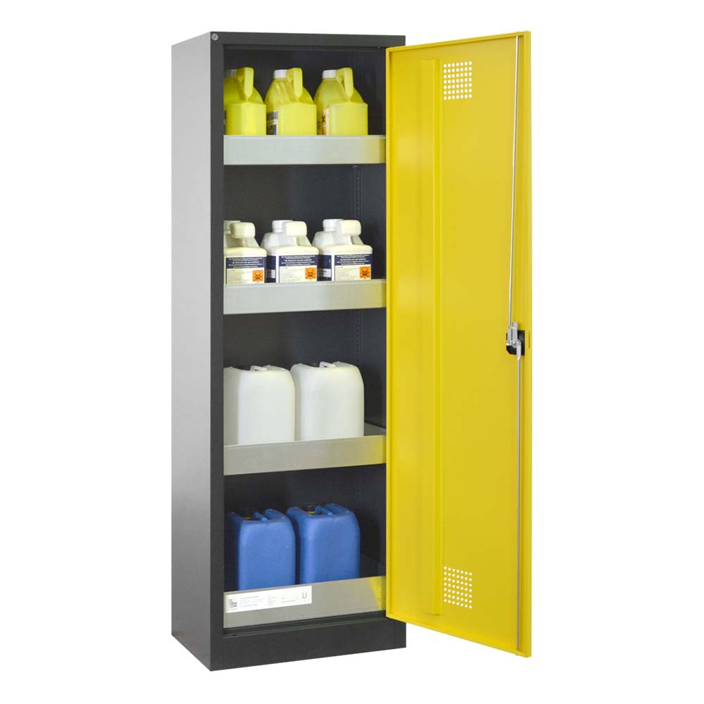 Chemikalienschrank Eco, Flügeltür, 1 Bodenwanne, 3 Einlegewannen, 640x400x1950mm Chemikalienschrank Produktbild Chemikalienschrank Eco, Flügeltür, 1 Bodenwanne, 3 Einlegewannen, 640x400x1950mm