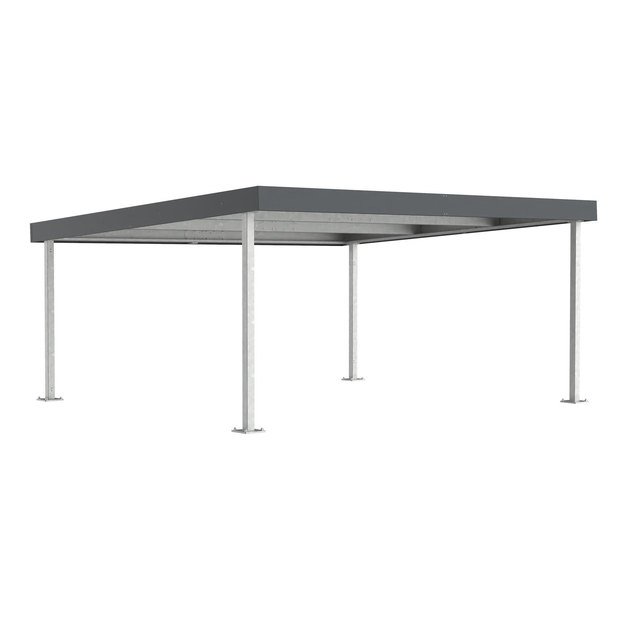 D 580 Carport aus Stahl, Grundeinheit für 2 PKW, Achsmaß B 5000 mm D 580 Carport aus Stahl Produktbild Flachdach umlaufend mit Blenden, verzinkt mit optionaler Pulverbeschichtung