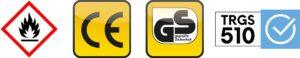F30 Sicherheitsschrank Zertifizierungen, CE, GS, TRGS 510 F30 Sicherheitsschrank Zertifizierungen, CE, GS, TRGS 510
