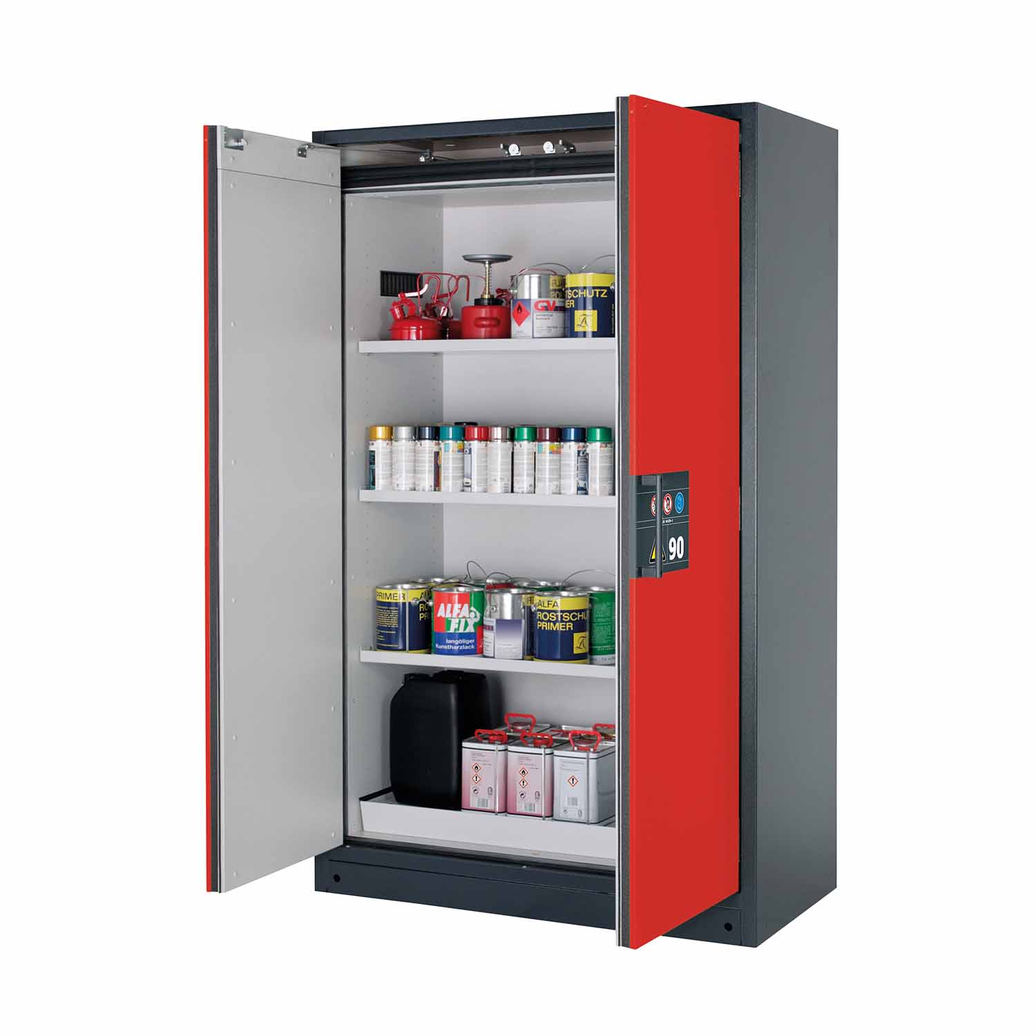 F90 Sicherheitsschrank, Breite 120 cm, 3 Fachböden, 1 Bodenwanne, 1 Lochblecheinsatz F90 Sicherheitsschrank für Kleingebinde Produktbild F90 Sicherheitsschrank, Breite 120 cm, 3 Fachböden, 1 Bodenwanne, 1 Lochblecheinsatz