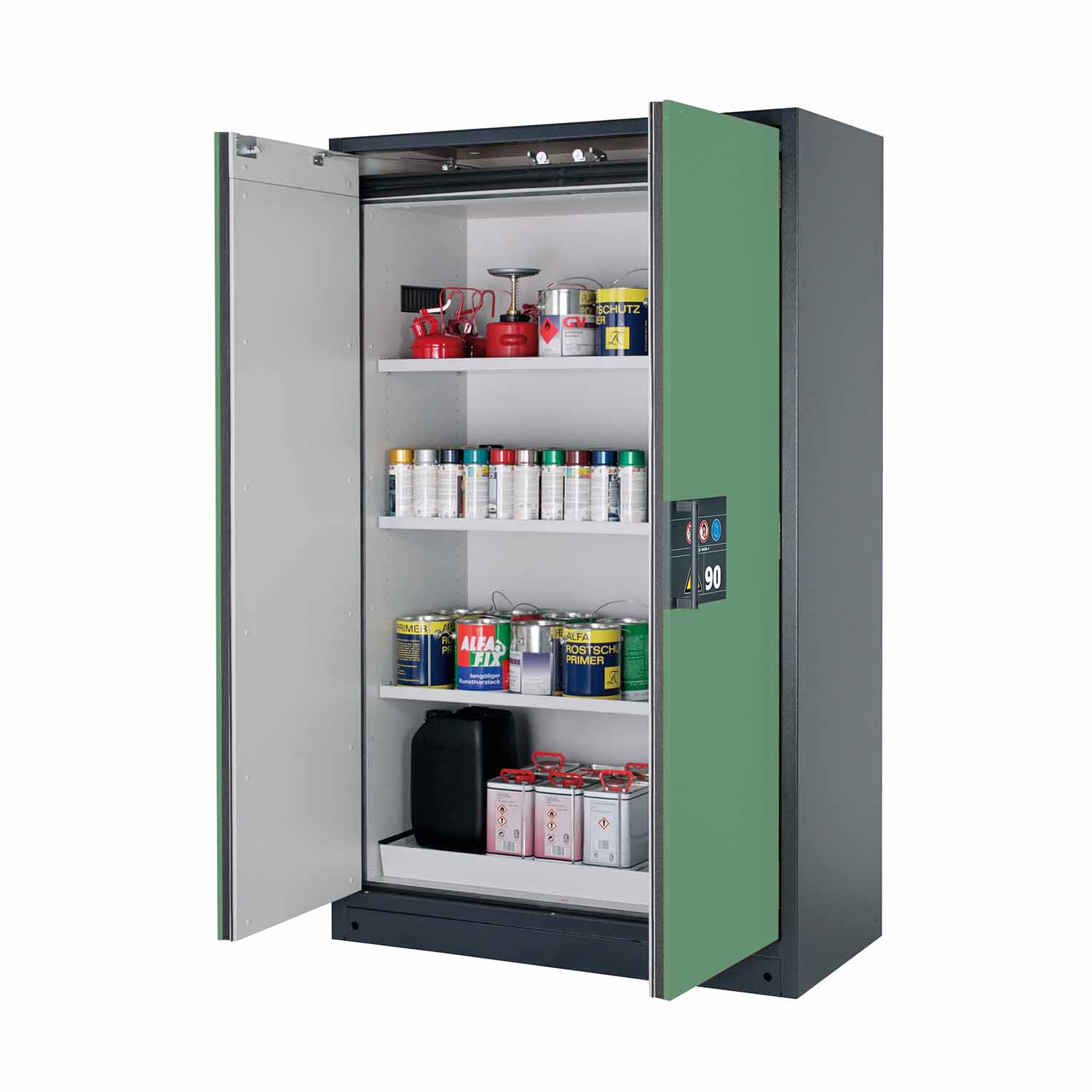 F90 Sicherheitsschrank, Breite 120 cm, 3 Fachböden, 1 Bodenwanne, 1 Lochblecheinsatz F90 Sicherheitsschrank für Kleingebinde Produktbild F90 Sicherheitsschrank, Breite 120 cm, 3 Fachböden, 1 Bodenwanne, 1 Lochblecheinsatz