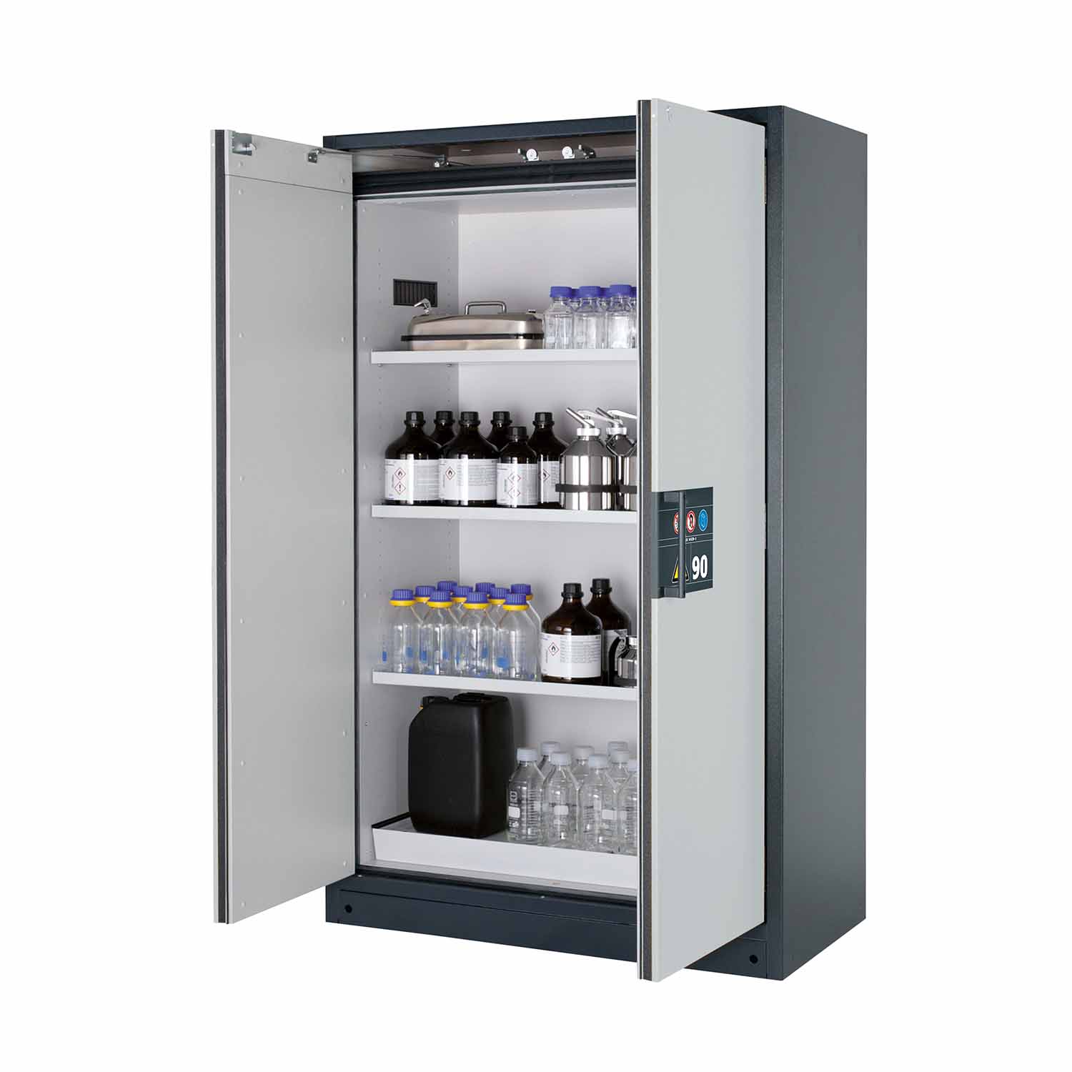 F90 Sicherheitsschrank, Breite 120 cm, 3 Fachböden, 1 Bodenwanne, 1 Lochblecheinsatz F90 Sicherheitsschrank für Kleingebinde Produktbild F90 Sicherheitsschrank, Breite 120 cm, 3 Fachböden, 1 Bodenwanne, 1 Lochblecheinsatz