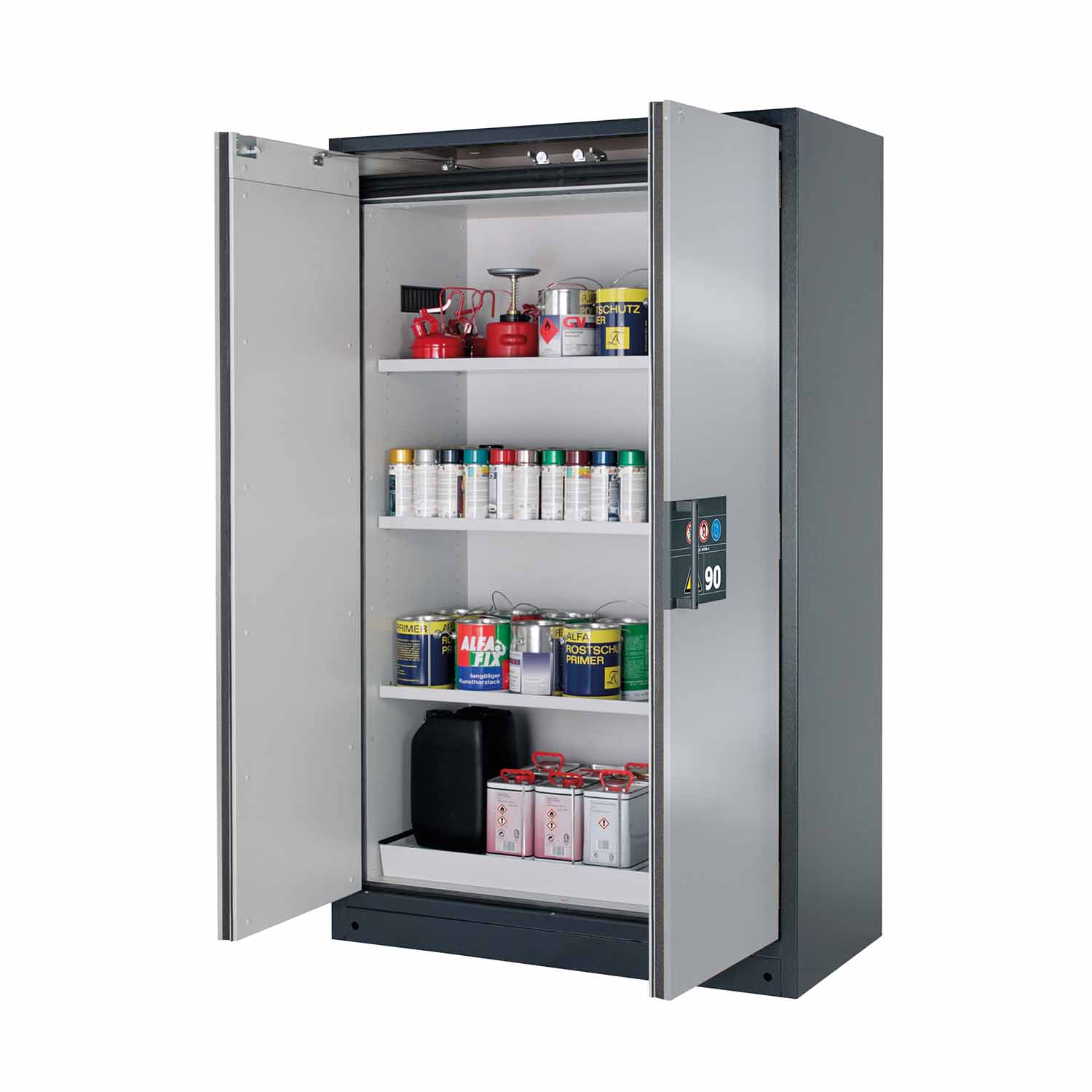 F90 Sicherheitsschrank, Breite 120 cm, 3 Fachböden, 1 Bodenwanne, 1 Lochblecheinsatz F90 Sicherheitsschrank für Kleingebinde Produktbild F90 Sicherheitsschrank, Breite 120 cm, 3 Fachböden, 1 Bodenwanne, 1 Lochblecheinsatz