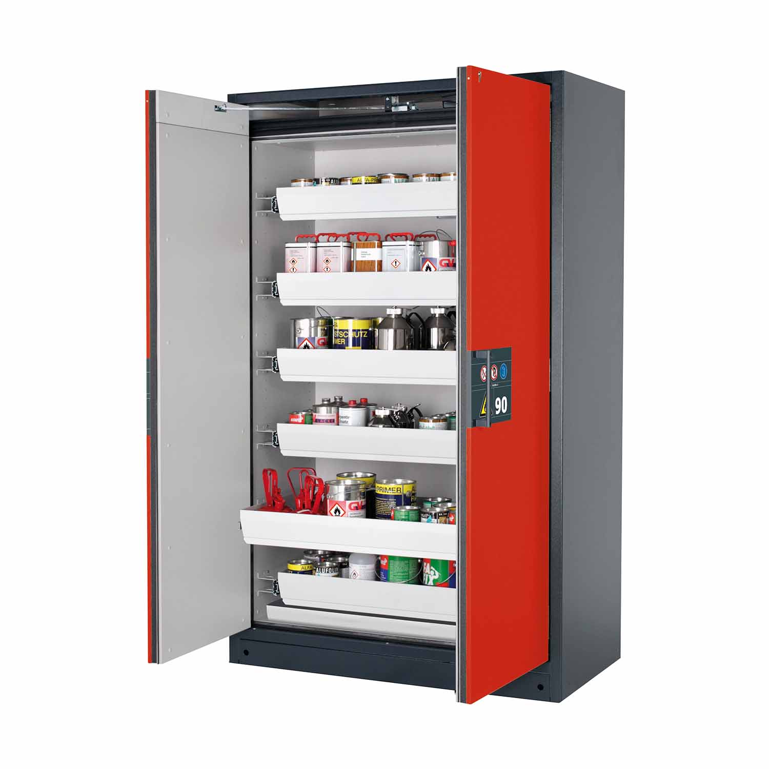F90 Sicherheitsschrank mit Türschließautomatik und Einhandbedienung, mit 6 Auszugswannen, Breite 120 cm F90 Sicherheitsschrank für Kleingebinde Produktbild F90 Sicherheitsschrank mit Türschließautomatik und Einhandbedienung, mit 6 Auszugswannen, Breite 120 cm