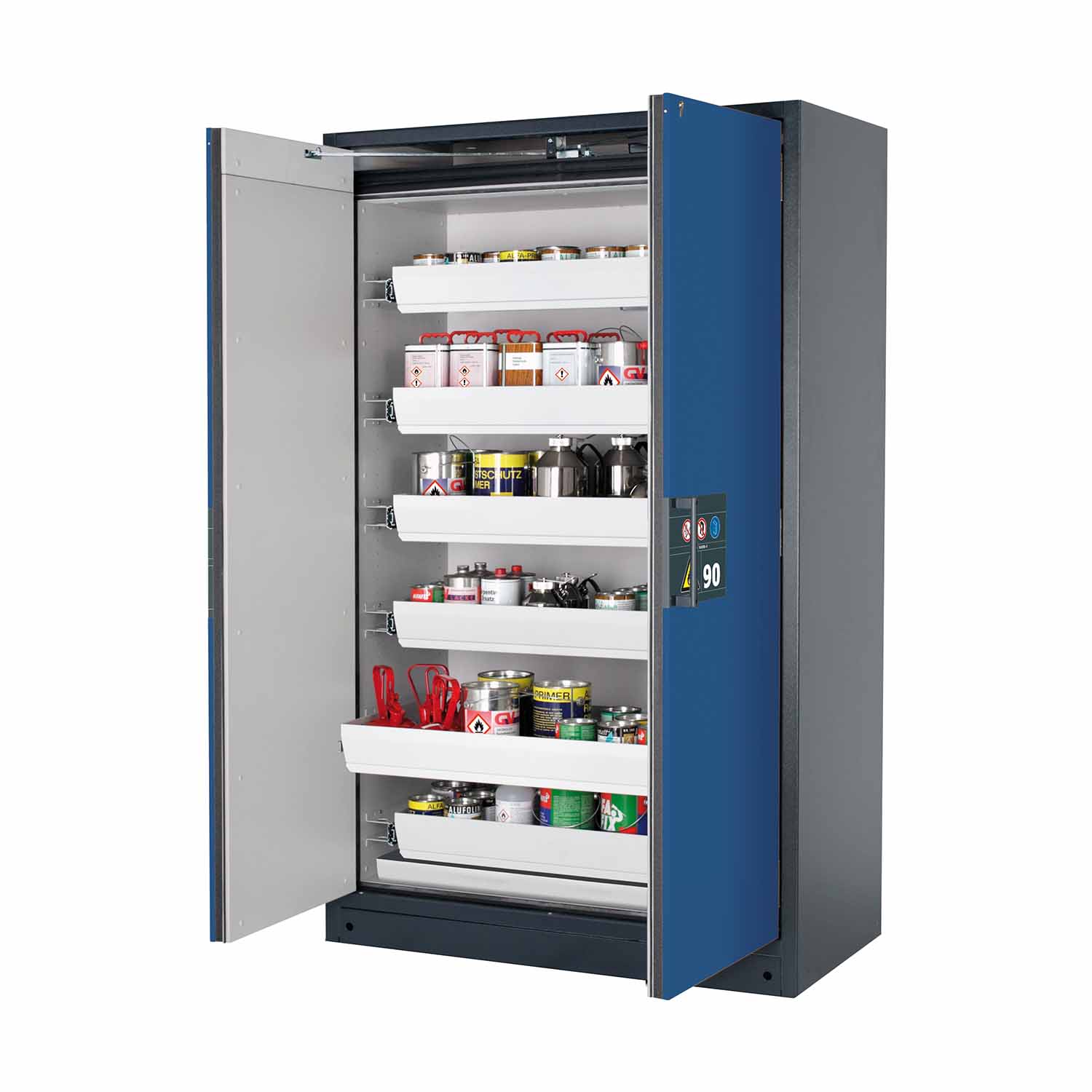 F90 Sicherheitsschrank mit Türschließautomatik und Einhandbedienung, mit 6 Auszugswannen, Breite 120 cm F90 Sicherheitsschrank für Kleingebinde Produktbild F90 Sicherheitsschrank mit Türschließautomatik und Einhandbedienung, mit 6 Auszugswannen, Breite 120 cm