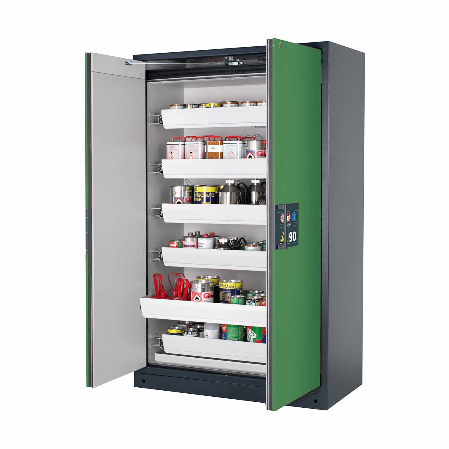 F90 Sicherheitsschrank mit Türschließautomatik und Einhandbedienung, mit 6 Auszugswannen, Breite 120 cm F90 Sicherheitsschrank für Kleingebinde Produktbild F90 Sicherheitsschrank mit Türschließautomatik und Einhandbedienung, mit 6 Auszugswannen, Breite 120 cm