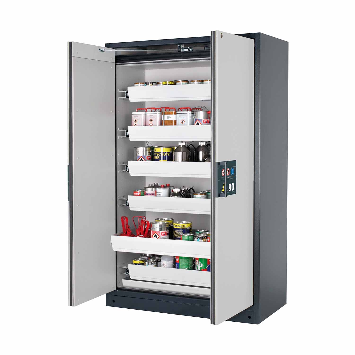 F90 Sicherheitsschrank mit Türschließautomatik und Einhandbedienung, mit 6 Auszugswannen, Breite 120 cm F90 Sicherheitsschrank für Kleingebinde Produktbild F90 Sicherheitsschrank mit Türschließautomatik und Einhandbedienung, mit 6 Auszugswannen, Breite 120 cm