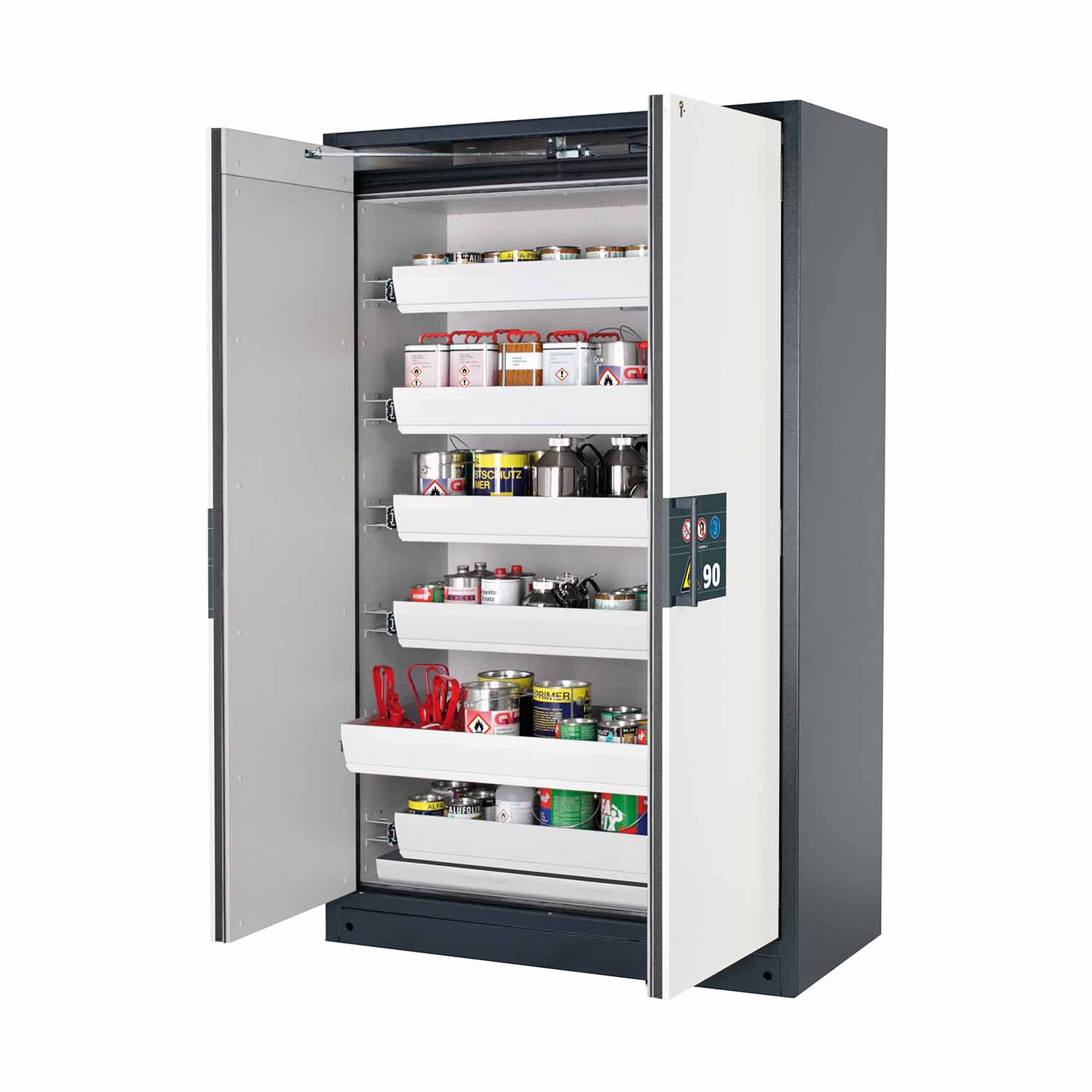 F90 Sicherheitsschrank mit Türschließautomatik und Einhandbedienung, mit 6 Auszugswannen, Breite 120 cm F90 Sicherheitsschrank für Kleingebinde Produktbild F90 Sicherheitsschrank mit Türschließautomatik und Einhandbedienung, mit 6 Auszugswannen, Breite 120 cm