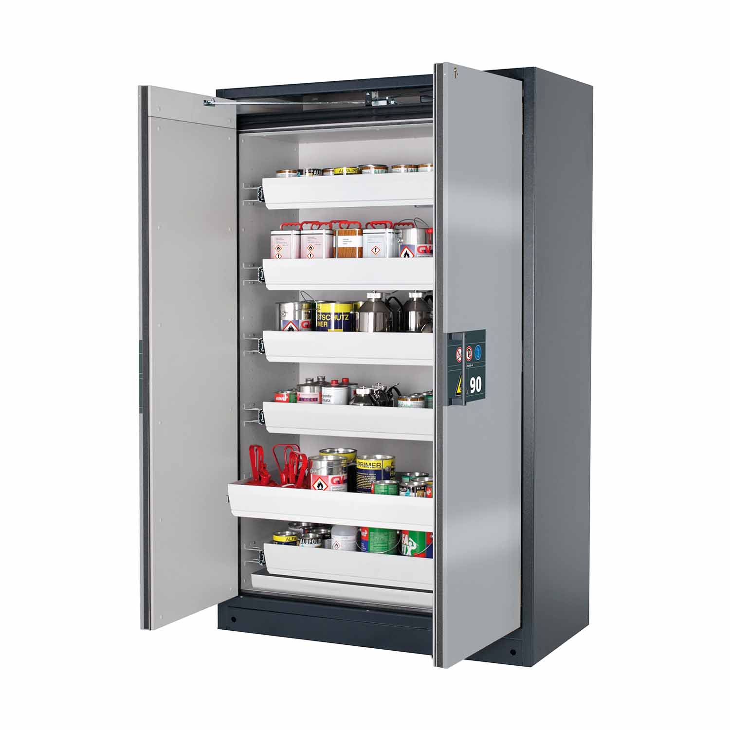 F90 Sicherheitsschrank mit Türschließautomatik und Einhandbedienung, mit 6 Auszugswannen, Breite 120 cm F90 Sicherheitsschrank für Kleingebinde Produktbild F90 Sicherheitsschrank mit Türschließautomatik und Einhandbedienung, mit 6 Auszugswannen, Breite 120 cm
