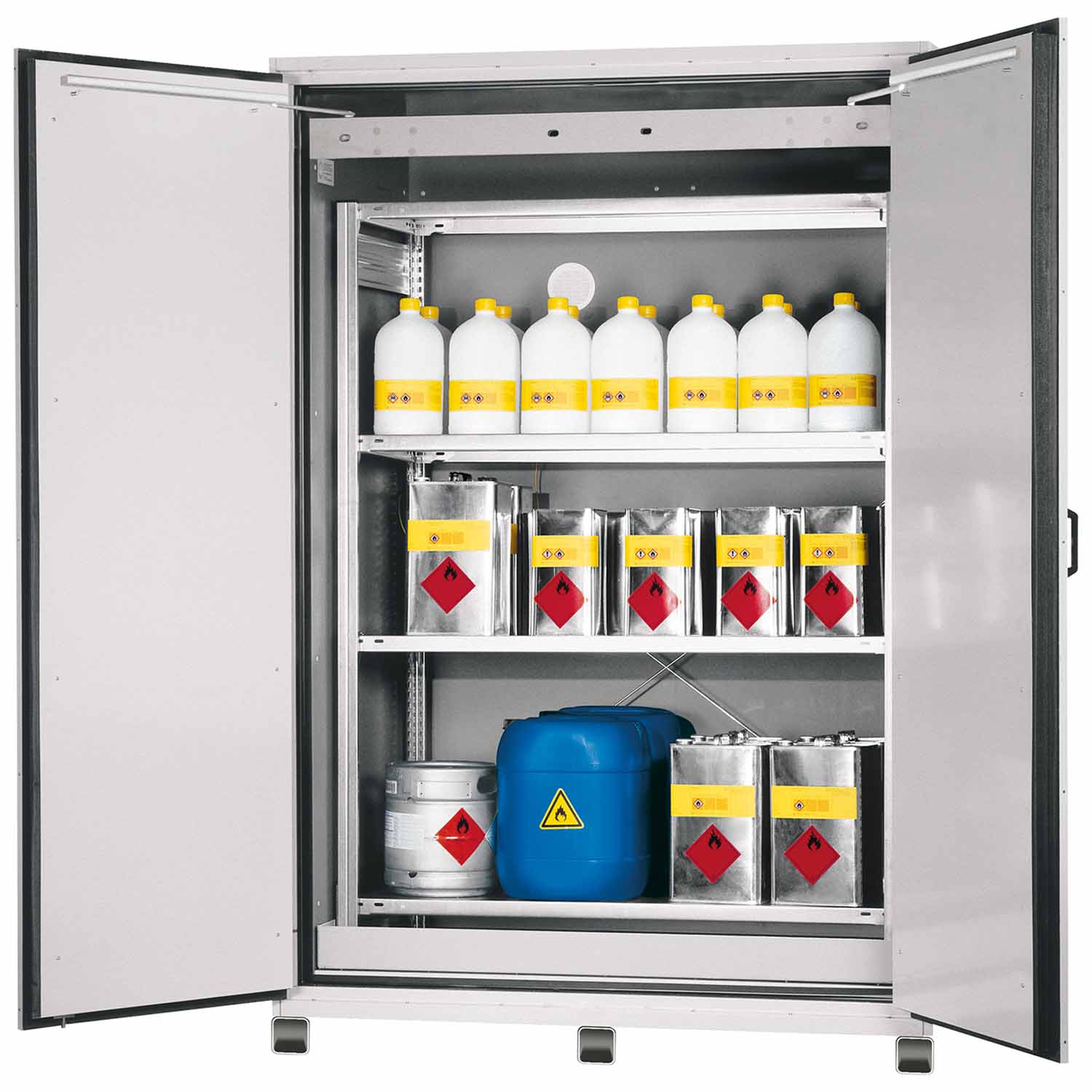 F90 Fassschrank Gefahrstoffschrank mit Auffangwanne und Regal, Breite 155 cm F90 Sicherheitsschränke für Fässer Produktbild F90 Fassschrank Gefahrstoffschrank mit Auffangwanne und Regal, Breite 155 cm