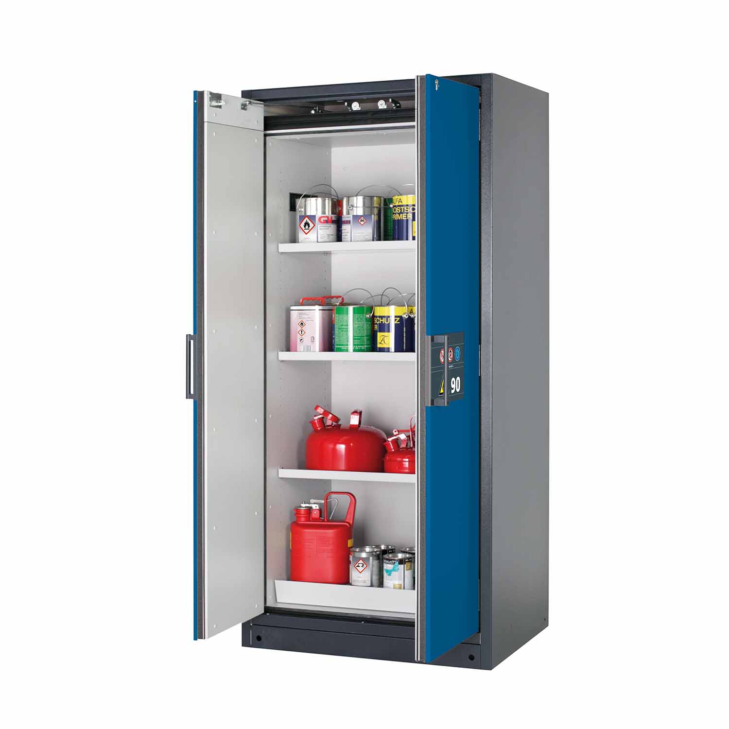 F90 Sicherheitsschrank, Breite 90 cm, 3 Fachböden, 1 Bodenwanne, 1 Lochblecheinsatz F90 Sicherheitsschrank für Kleingebinde Produktbild F90 Sicherheitsschrank, Breite 90 cm, 3 Fachböden, 1 Bodenwanne, 1 Lochblecheinsatz