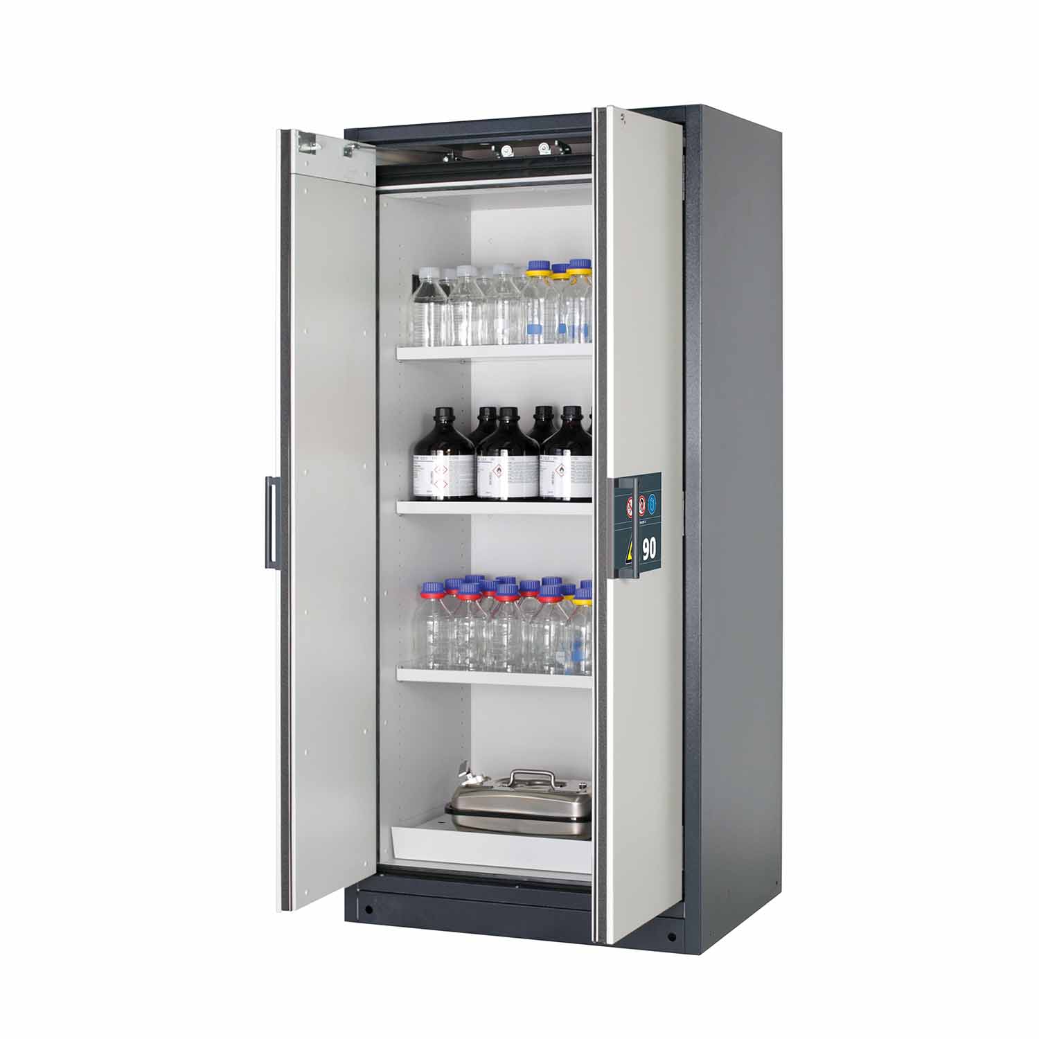 F90 Sicherheitsschrank, Breite 90 cm, 3 Fachböden, 1 Bodenwanne, 1 Lochblecheinsatz F90 Sicherheitsschrank für Kleingebinde Produktbild F90 Sicherheitsschrank, Breite 90 cm, 3 Fachböden, 1 Bodenwanne, 1 Lochblecheinsatz