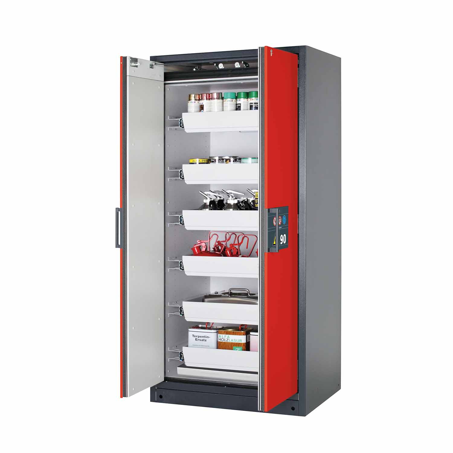 F90 Sicherheitsschrank mit 6 Auszugswannen und 1 Bodenwanne, Breite 90 cm F90 Sicherheitsschrank für Kleingebinde Produktbild F90 Sicherheitsschrank mit 6 Auszugswannen und 1 Bodenwanne, Breite 90 cm