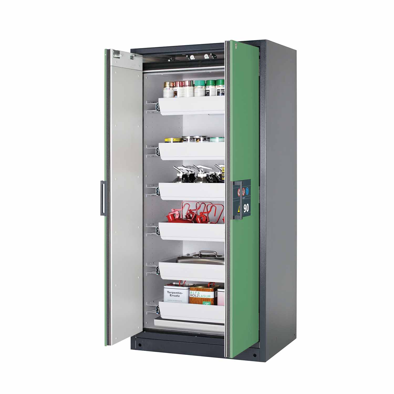 F90 Sicherheitsschrank mit 6 Auszugswannen und 1 Bodenwanne, Breite 90 cm F90 Sicherheitsschrank für Kleingebinde Produktbild F90 Sicherheitsschrank mit 6 Auszugswannen und 1 Bodenwanne, Breite 90 cm