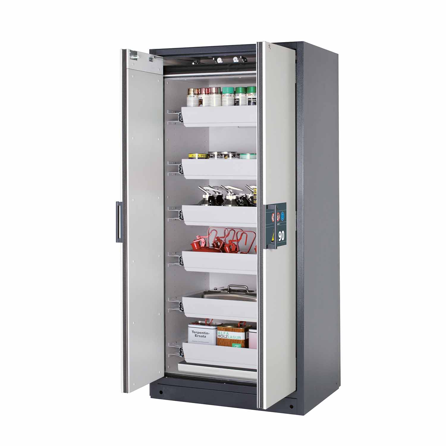 F90 Sicherheitsschrank mit 6 Auszugswannen und 1 Bodenwanne, Breite 90 cm F90 Sicherheitsschrank für Kleingebinde Produktbild F90 Sicherheitsschrank mit 6 Auszugswannen und 1 Bodenwanne, Breite 90 cm