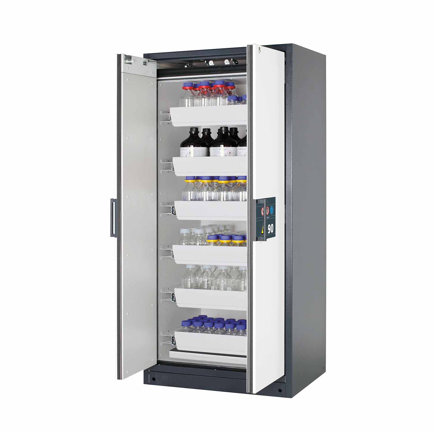 F90 Sicherheitsschrank mit 6 Auszugswannen und 1 Bodenwanne, Breite 90 cm F90 Sicherheitsschrank für Kleingebinde Produktbild F90 Sicherheitsschrank mit 6 Auszugswannen und 1 Bodenwanne, Breite 90 cm