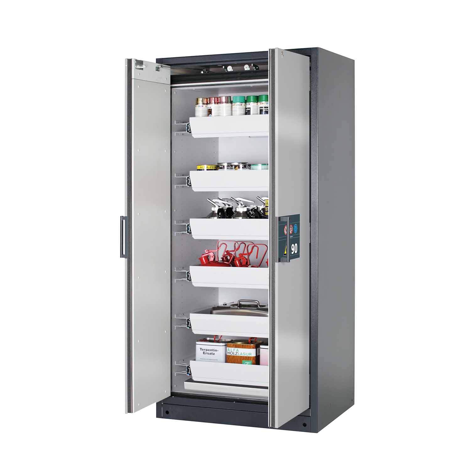 F90 Sicherheitsschrank mit 6 Auszugswannen und 1 Bodenwanne, Breite 90 cm F90 Sicherheitsschrank für Kleingebinde Produktbild F90 Sicherheitsschrank mit 6 Auszugswannen und 1 Bodenwanne, Breite 90 cm