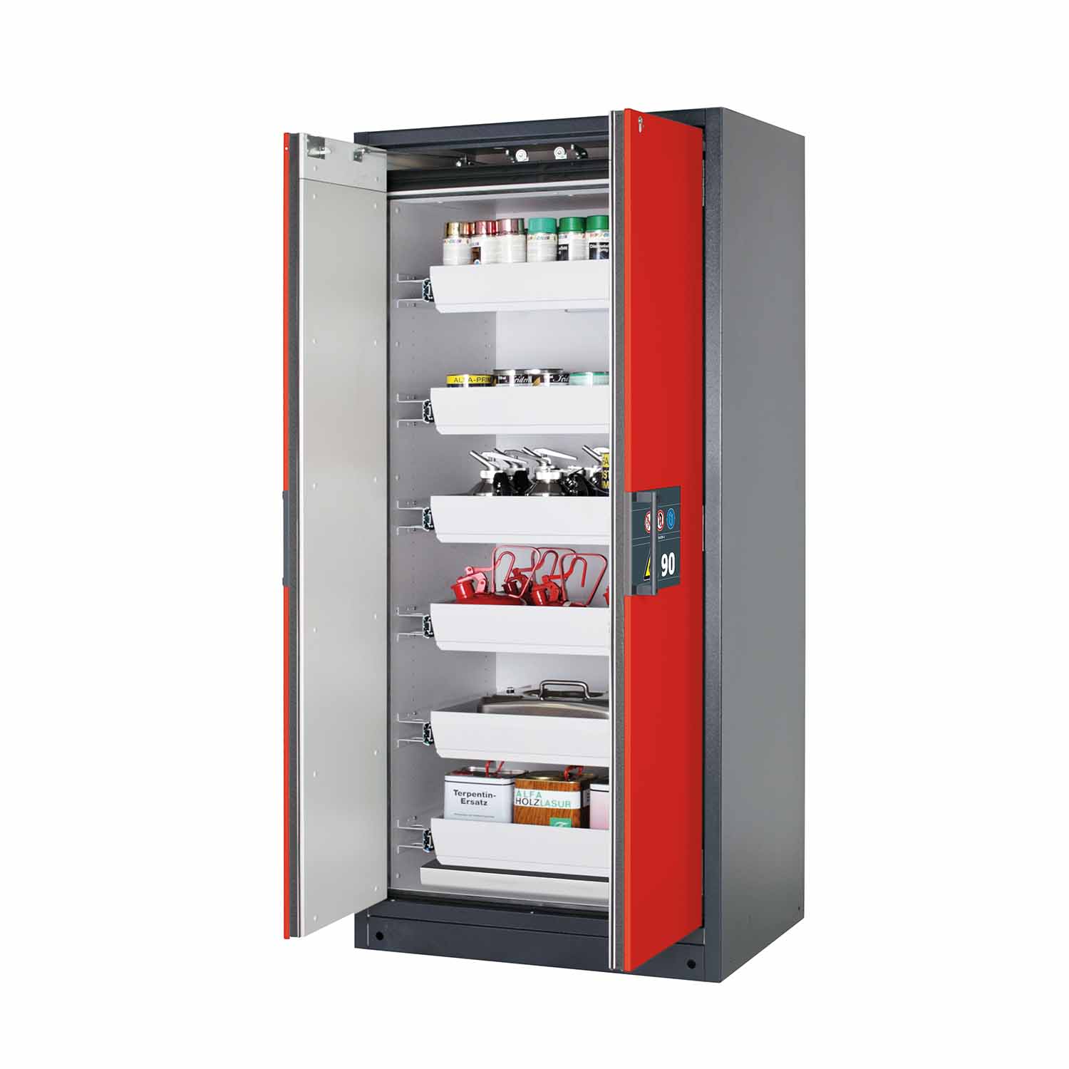 F90 Sicherheitsschrank mit Türschließautomatik und Einhandbedienung, mit 6 Auszugswannen, Breite 90 cm F90 Sicherheitsschrank für Kleingebinde Produktbild F90 Sicherheitsschrank mit Türschließautomatik und Einhandbedienung, mit 6 Auszugswannen, Breite 90 cm