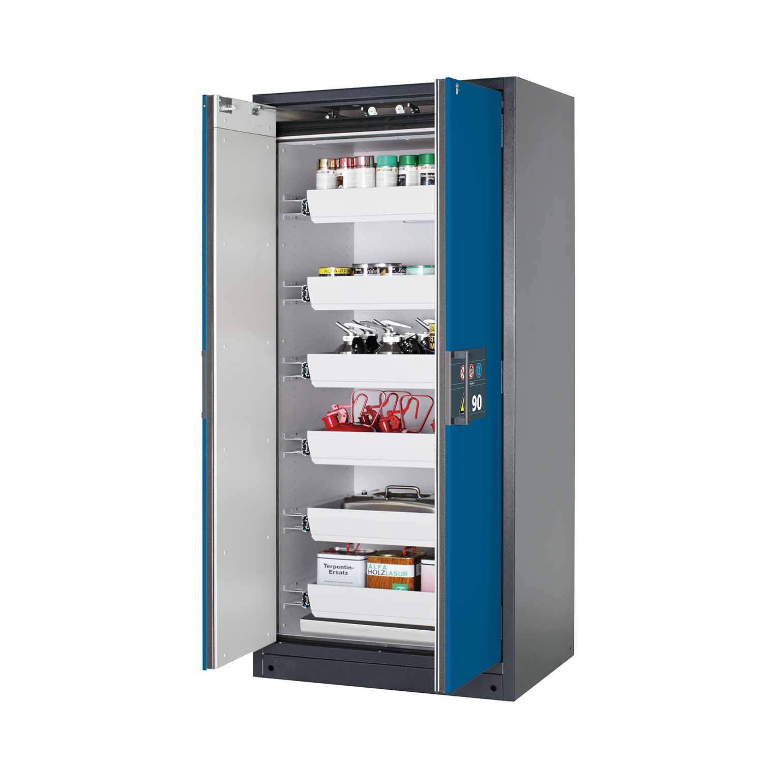 F90 Sicherheitsschrank mit Türschließautomatik und Einhandbedienung, mit 6 Auszugswannen, Breite 90 cm F90 Sicherheitsschrank für Kleingebinde Produktbild F90 Sicherheitsschrank mit Türschließautomatik und Einhandbedienung, mit 6 Auszugswannen, Breite 90 cm