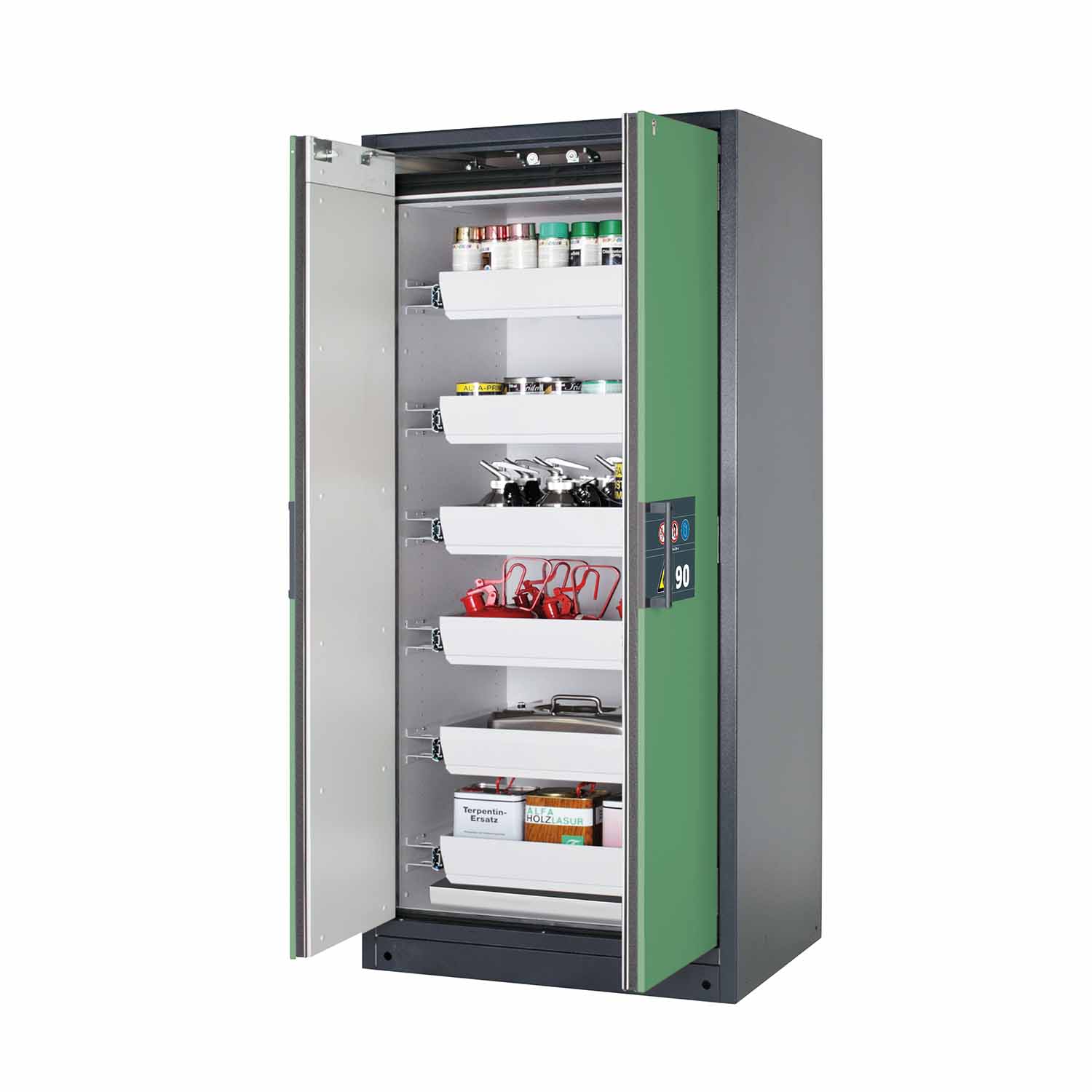 F90 Sicherheitsschrank mit Türschließautomatik und Einhandbedienung, mit 6 Auszugswannen, Breite 90 cm F90 Sicherheitsschrank für Kleingebinde Produktbild F90 Sicherheitsschrank mit Türschließautomatik und Einhandbedienung, mit 6 Auszugswannen, Breite 90 cm