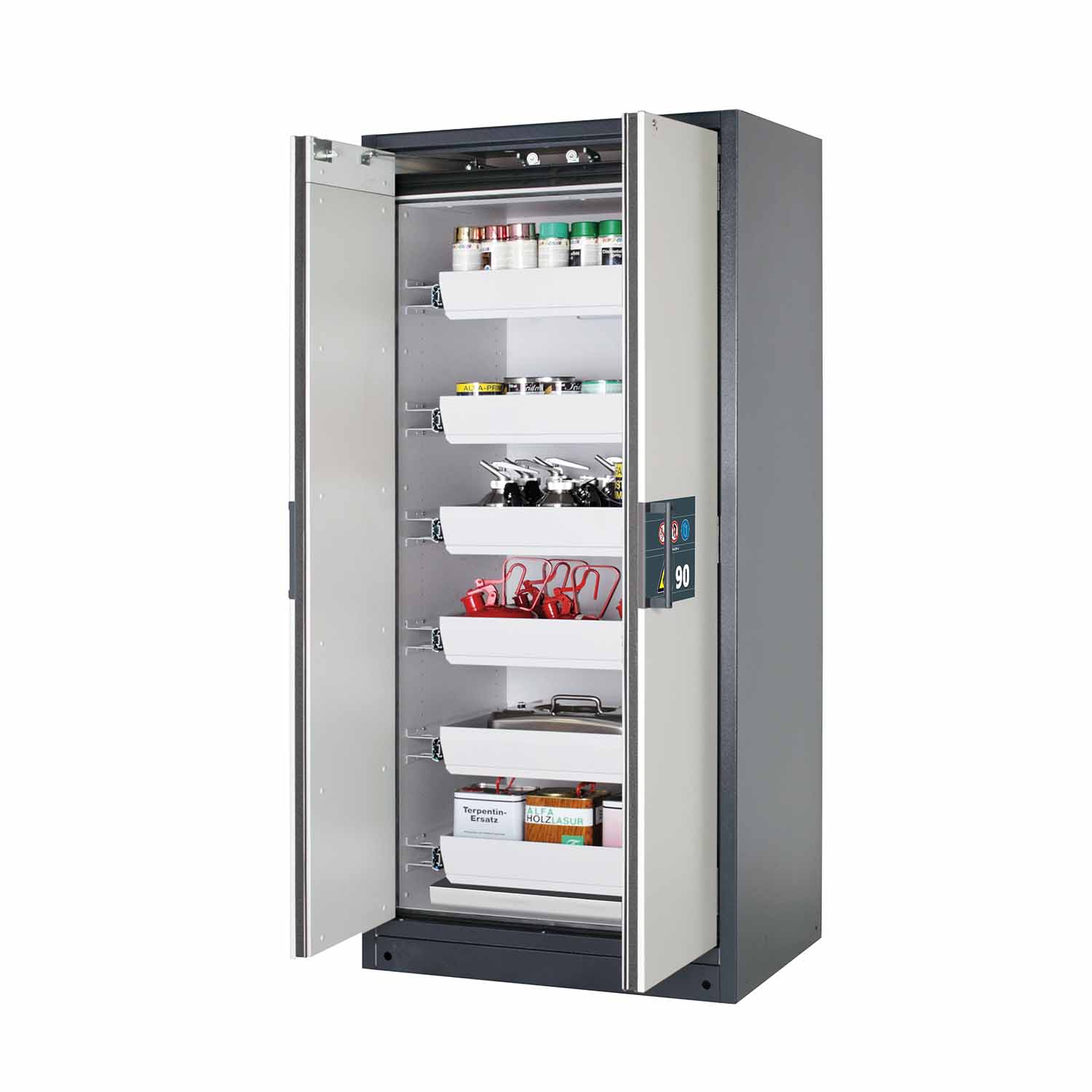 F90 Sicherheitsschrank mit Türschließautomatik und Einhandbedienung, mit 6 Auszugswannen, Breite 90 cm F90 Sicherheitsschrank für Kleingebinde Produktbild F90 Sicherheitsschrank mit Türschließautomatik und Einhandbedienung, mit 6 Auszugswannen, Breite 90 cm