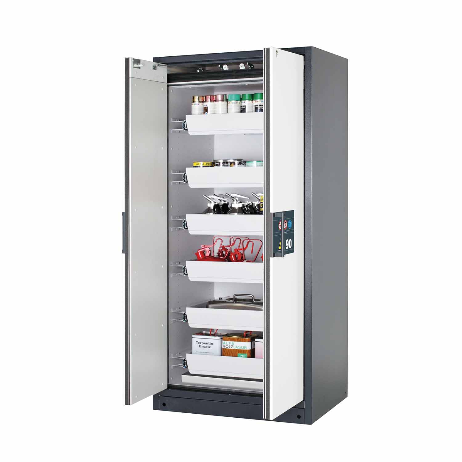 F90 Sicherheitsschrank mit Türschließautomatik und Einhandbedienung, mit 6 Auszugswannen, Breite 90 cm F90 Sicherheitsschrank für Kleingebinde Produktbild F90 Sicherheitsschrank mit Türschließautomatik und Einhandbedienung, mit 6 Auszugswannen, Breite 90 cm